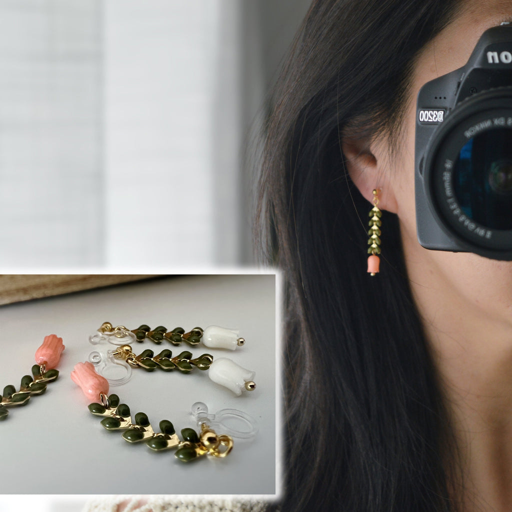 Boucles d'oreilles pendantes CLIPS INVISIBLES or, Chaîne feuilles vert kaki, Perle de coquillage Fleur Rose / Blanche, bijoux quotidien.