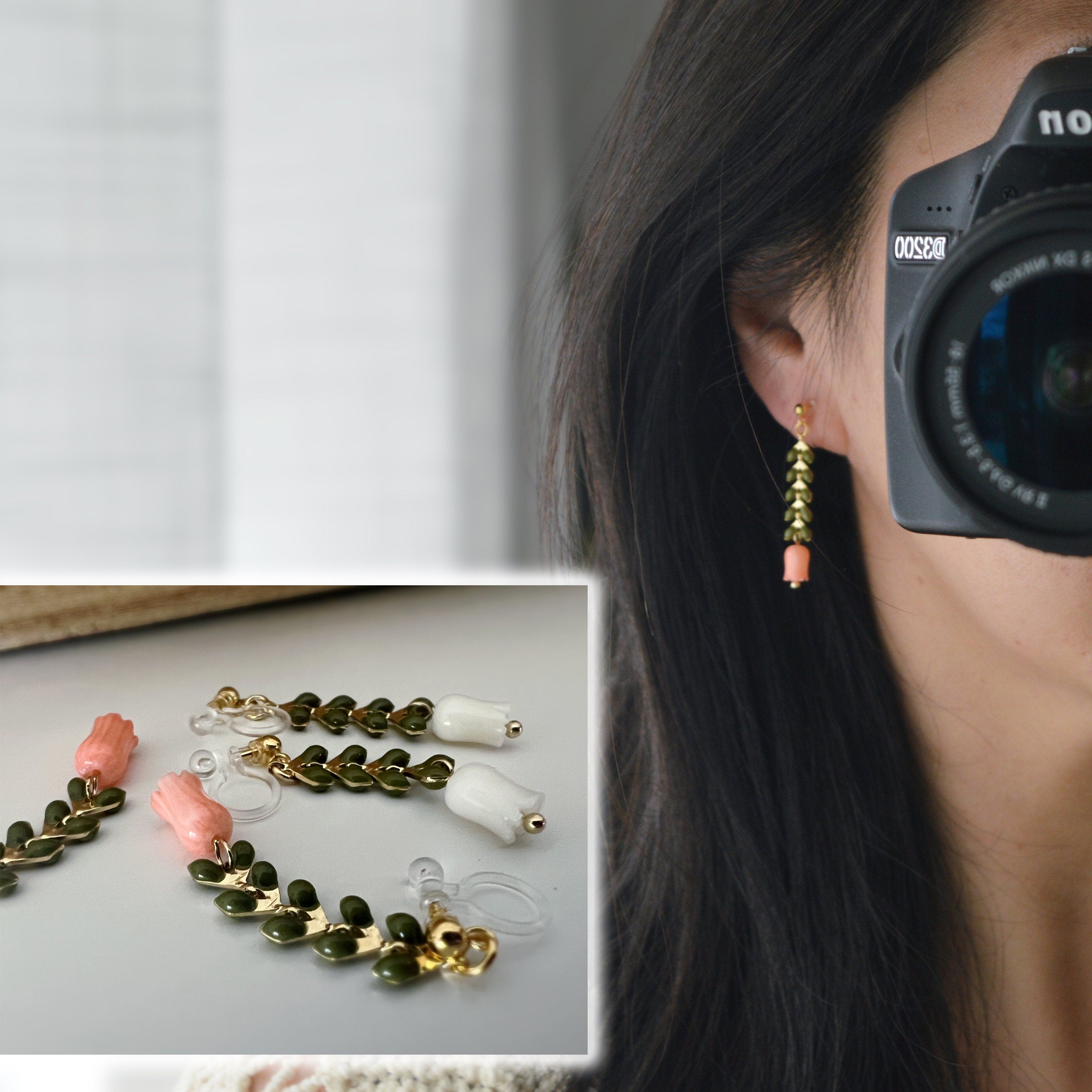 Boucles d'oreilles pendantes CLIPS INVISIBLES or, Chaîne feuilles vert kaki, Perle de coquillage Fleur Rose / Blanche, bijoux quotidien.