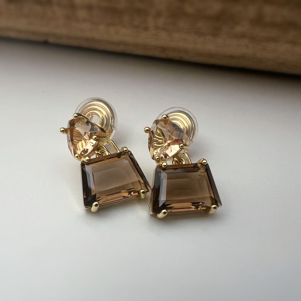 SANS DOULEUR ! Boucles d'oreilles CLIPS U spirale triangulaire trapézoïdal pendantes zircon couleur champagne café marron, géométrique.