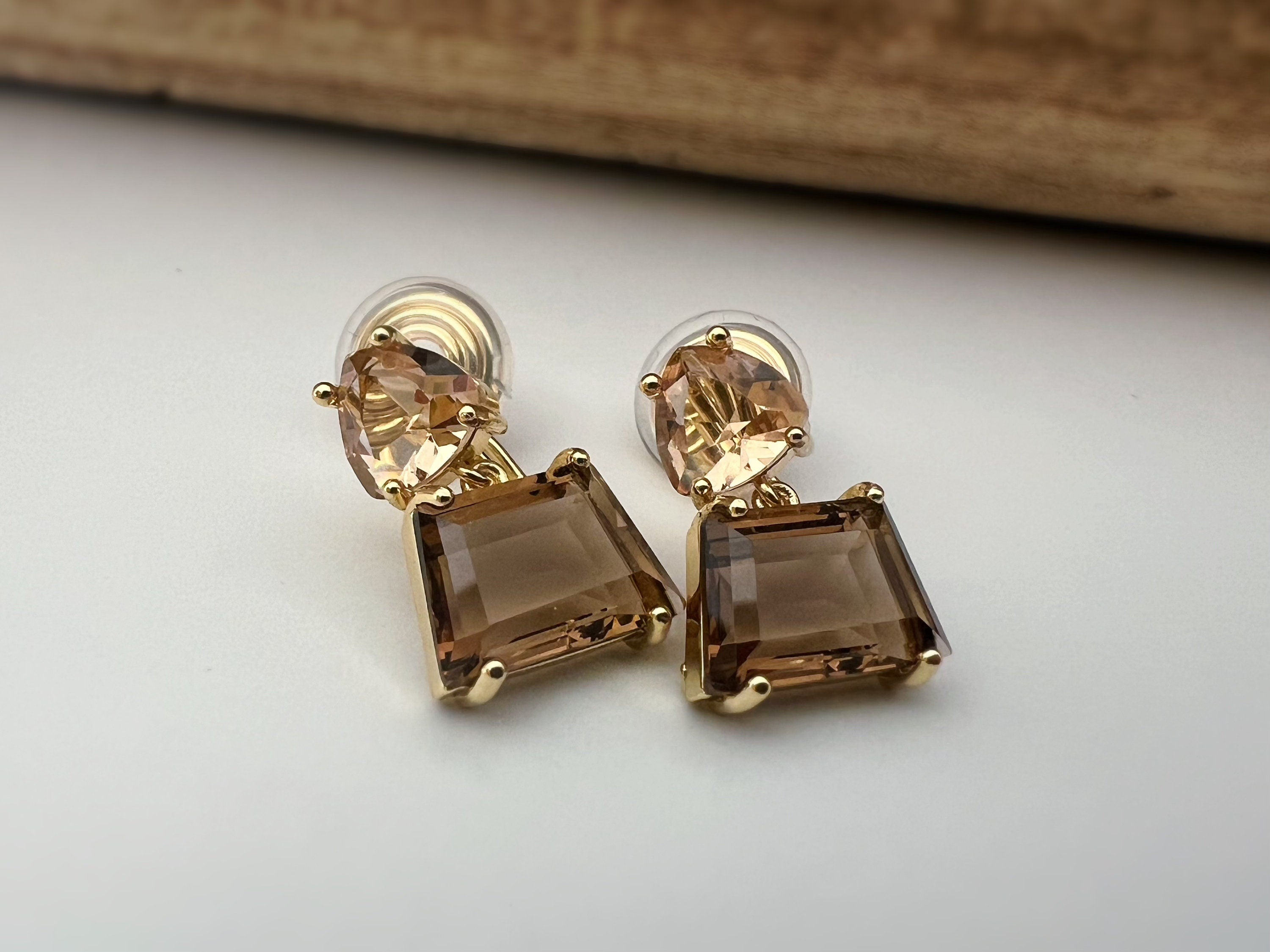SANS DOULEUR ! Boucles d'oreilles CLIPS U spirale triangulaire trapézoïdal pendantes zircon couleur champagne café marron, géométrique.