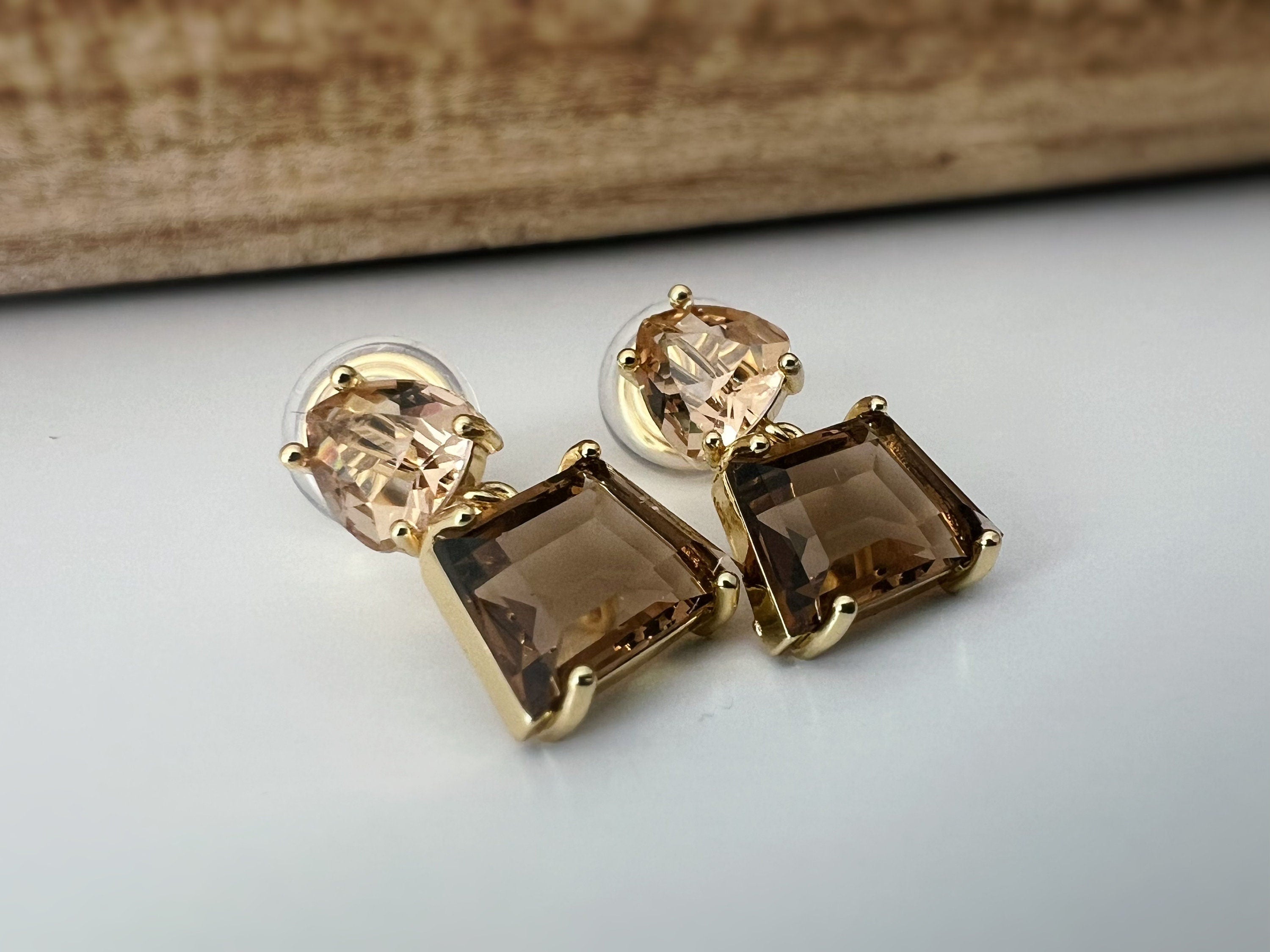 SANS DOULEUR ! Boucles d'oreilles CLIPS U spirale triangulaire trapézoïdal pendantes zircon couleur champagne café marron, géométrique.