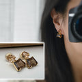 SANS DOULEUR ! Boucles d'oreilles CLIPS U spirale triangulaire trapézoïdal pendantes zircon couleur champagne café marron, géométrique.