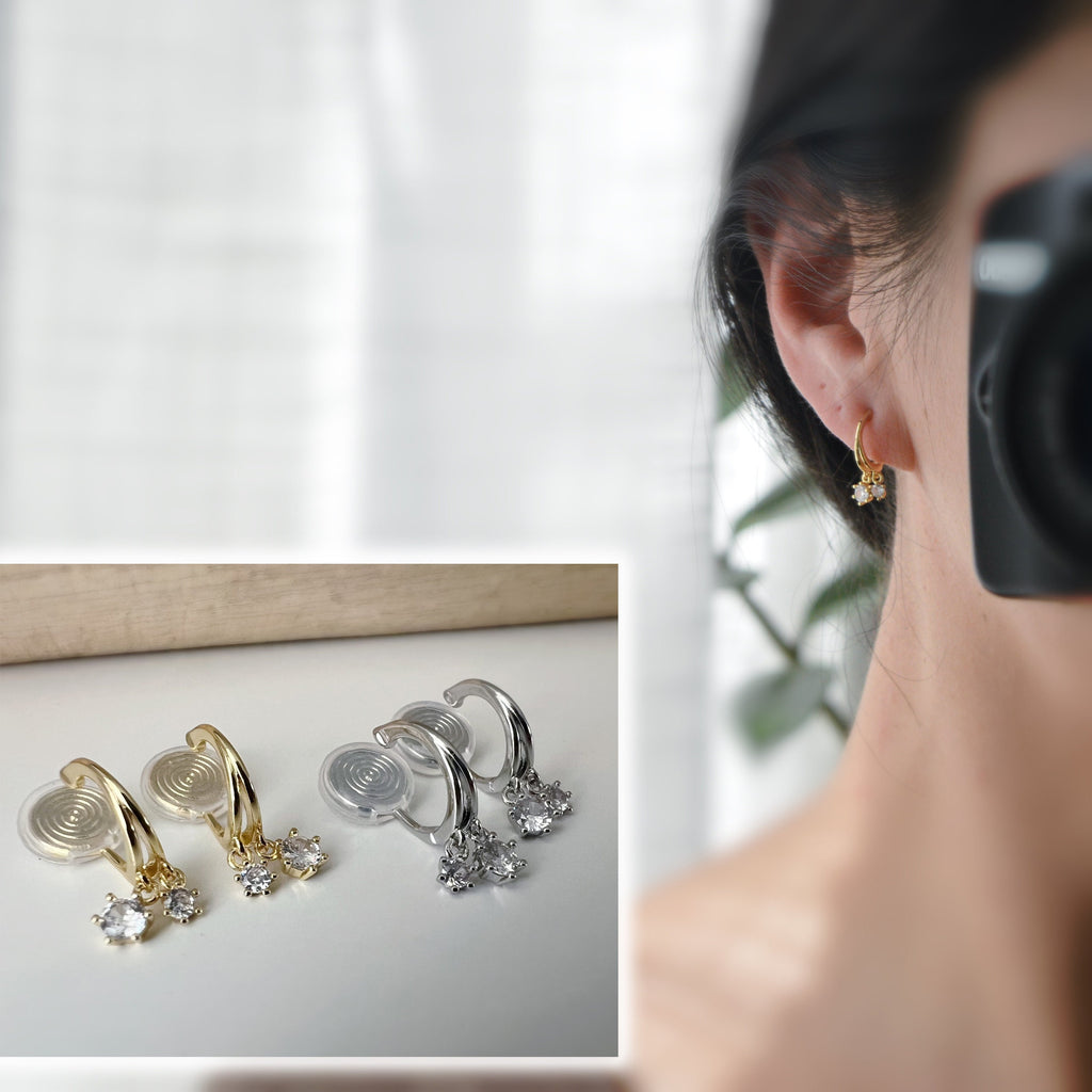 SANS DOULEUR ! Boucles d'oreilles CLIPS U spirale Petit cercle double Mini Pierres Zircon Rond plaqué d'Or. Clips d'oreilles confortable.