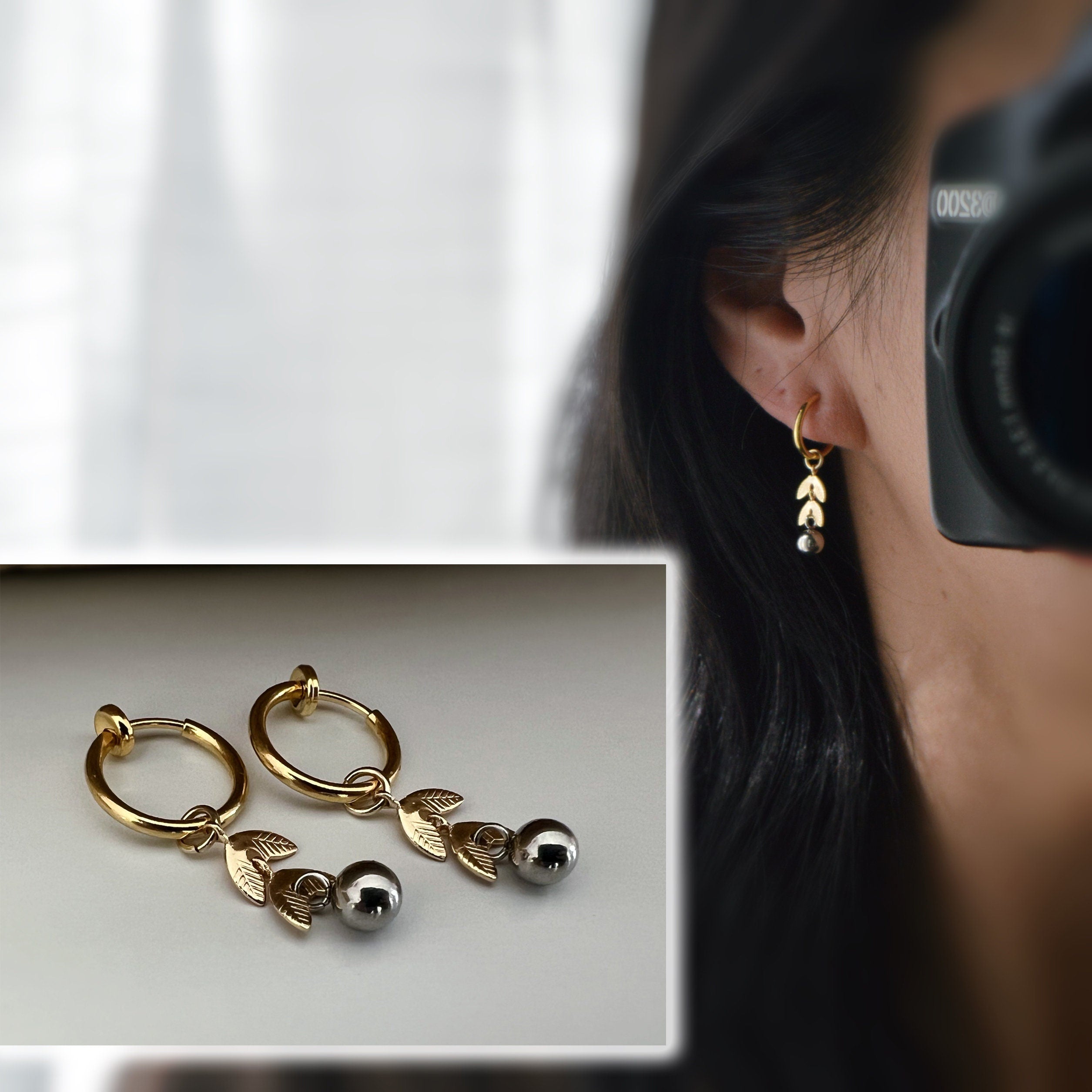 Clips d'oreille 2-EN-1 CLIPS pendants anneaux Créoles Chaîne feuilles Or avec petit perle argenté, Bijoux quotidien Anneaux 1.3cm