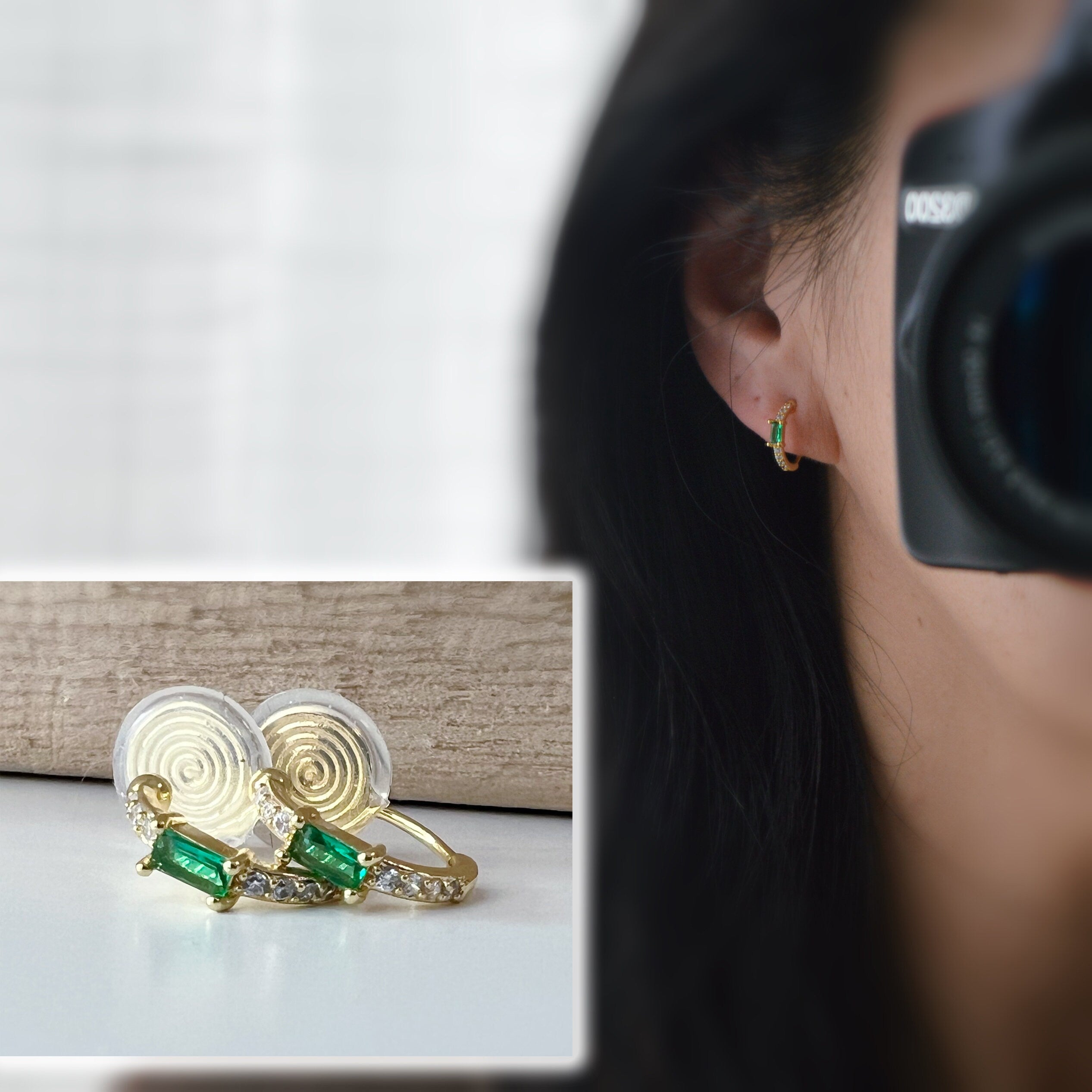 SANS DOULEUR ! Boucles d'oreilles CLIPS U spirale Cercle Mini Pierres Zircon Rond zircon rectangle vert. Clips d'oreilles confortable.