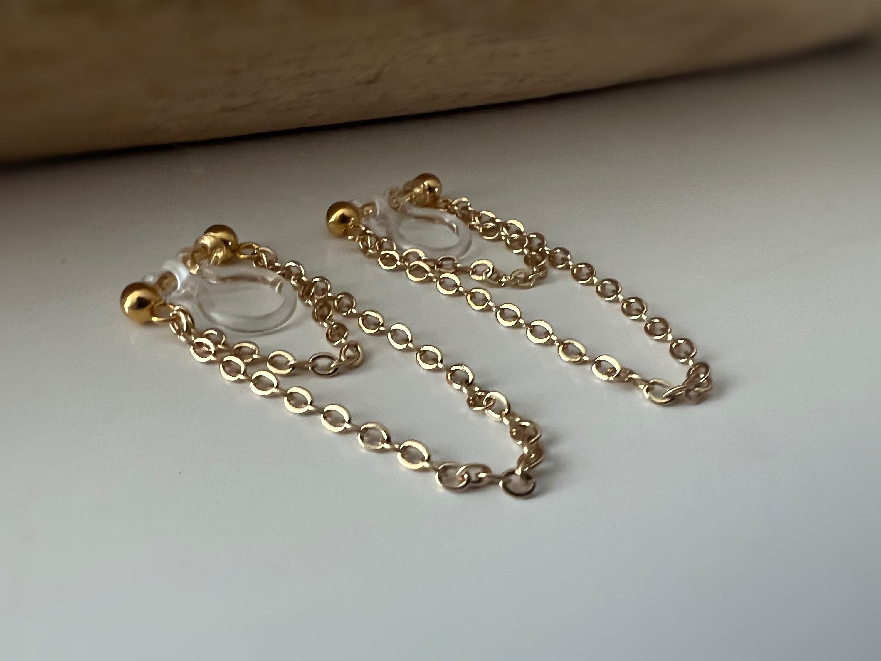 Boucles d'oreilles CLIPS INVISIBLE, Double Chaîne, Couleur Argent / Or, Clips d'oreilles pour oreilles non percées, tassel CLIPS.