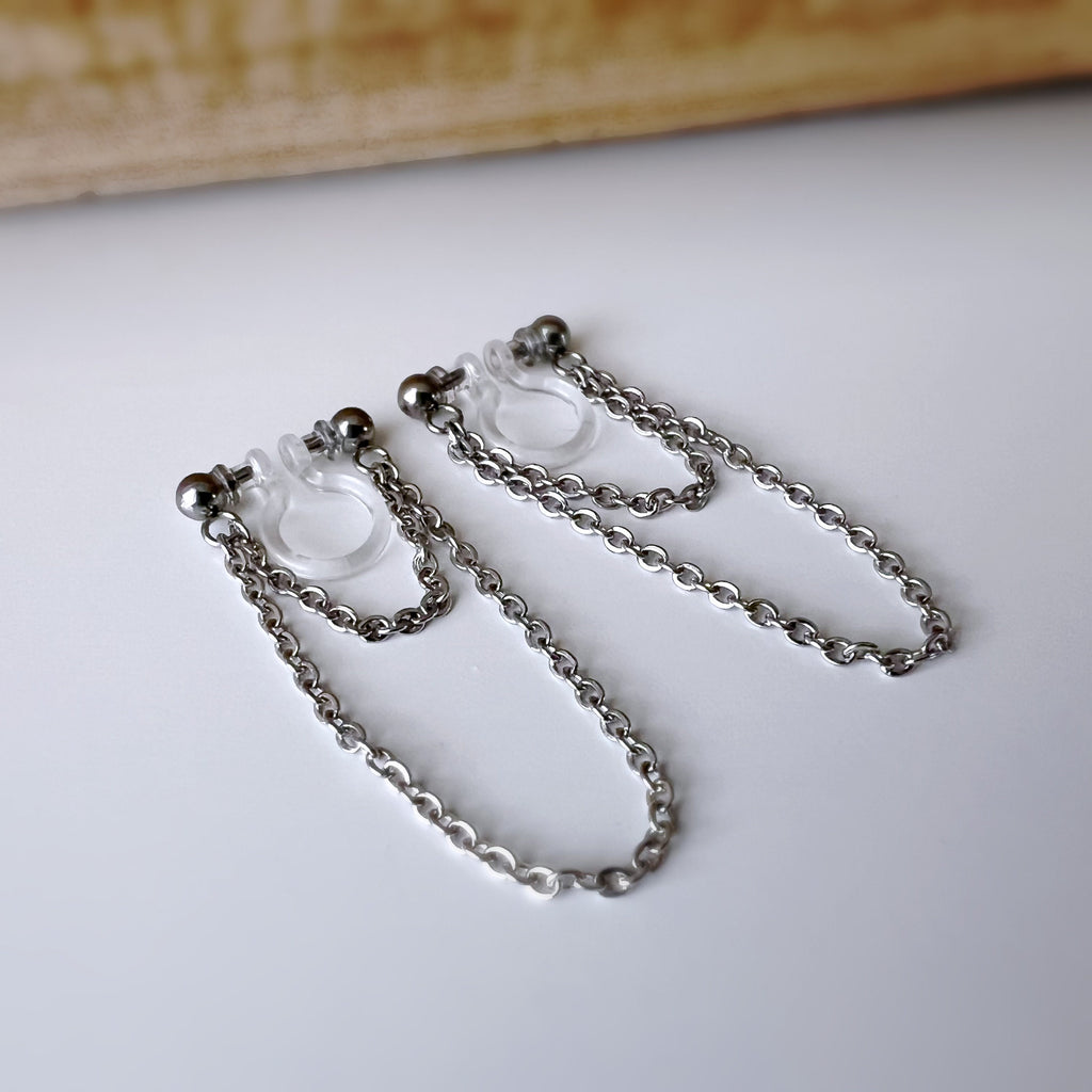 Boucles d'oreilles CLIPS INVISIBLE, Double Chaîne, Couleur Argent / Or, Clips d'oreilles pour oreilles non percées, tassel CLIPS.