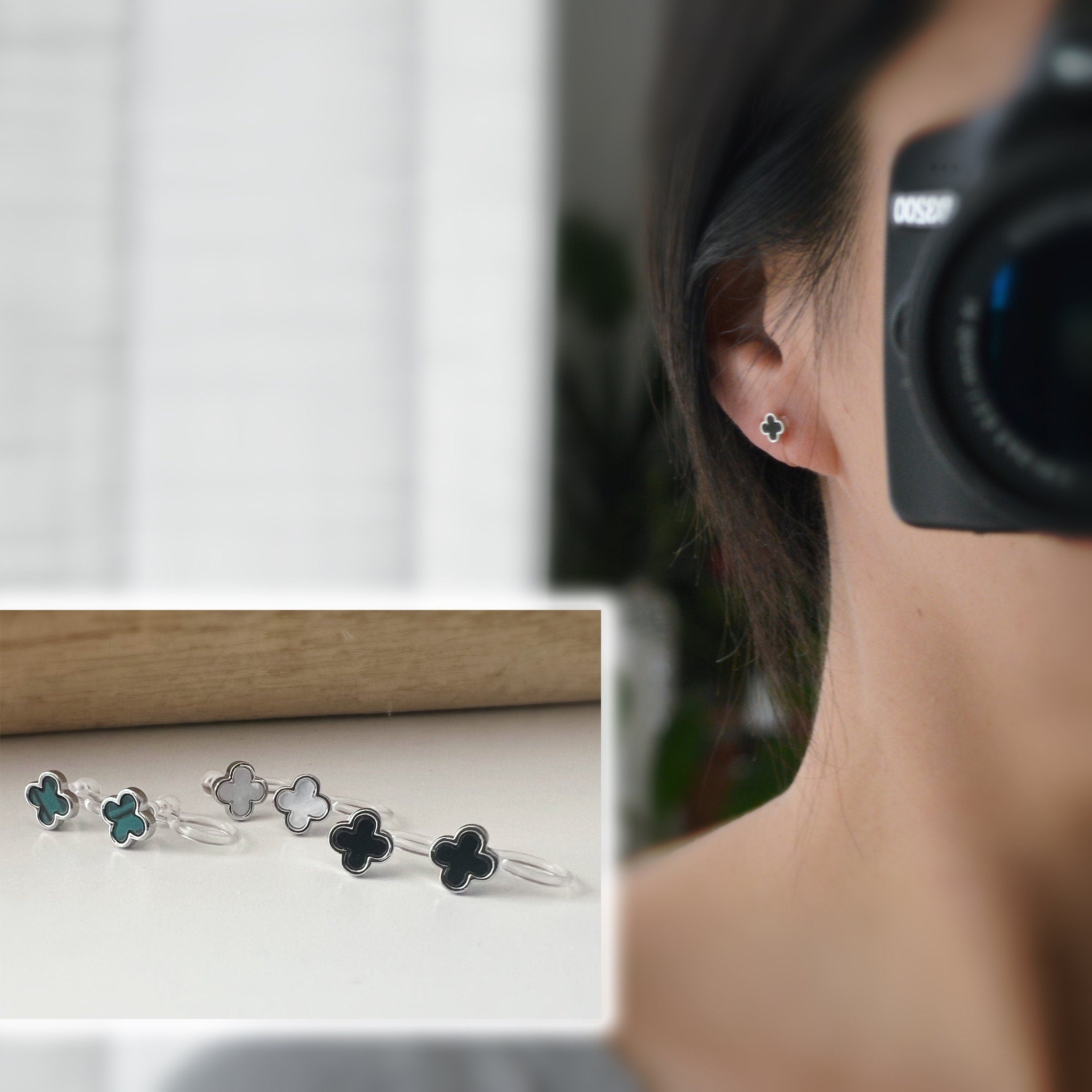 CLIPS d'oreilles invisibles Argent Mini Trèfle à 4 feuilles porte bonheur Noir/ Blanc/ Vert. Boucles d'oreilles confortable délicat