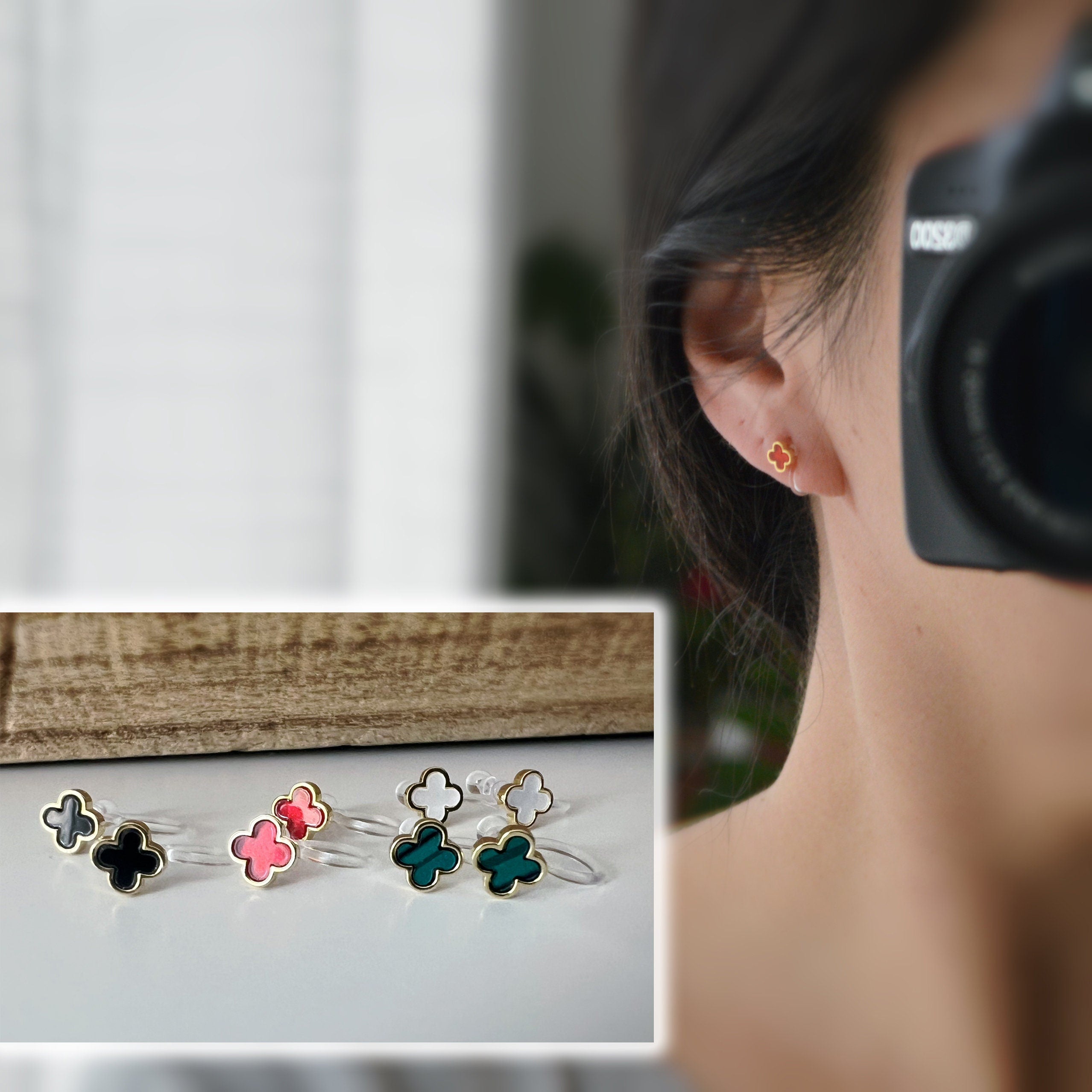 CLIPS d'oreilles invisibles Or Mini Trèfle à 4 feuilles porte bonheur Noir/ Blanc/ Rouge/ Vert. Boucles d'oreilles confortable délicat