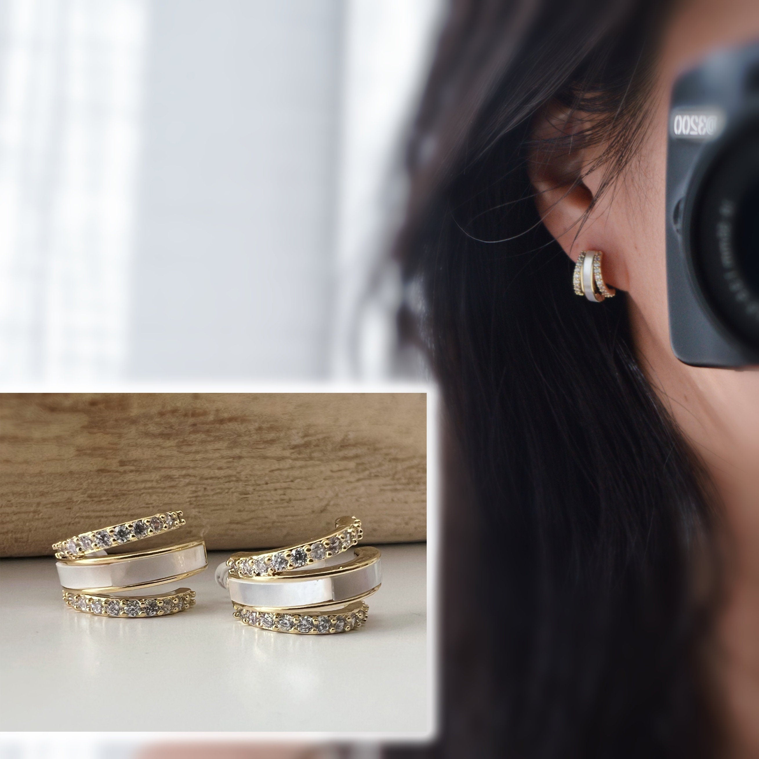 Boucles d'oreilles CLIPS résine invisible triple demi cercles mini zircon nacre blanche Oreilles Non Percées Bijoux quotidiens Prêt à offrir