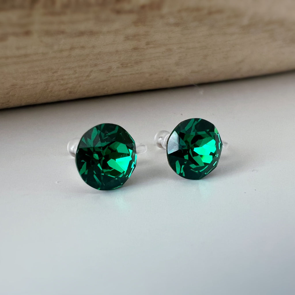 Boucles d'oreilles CLIPS invisible Cristal Rond Vert Majestic Green PureCristal, Clips d'Oreille Petit cristal Vert Minimaliste.