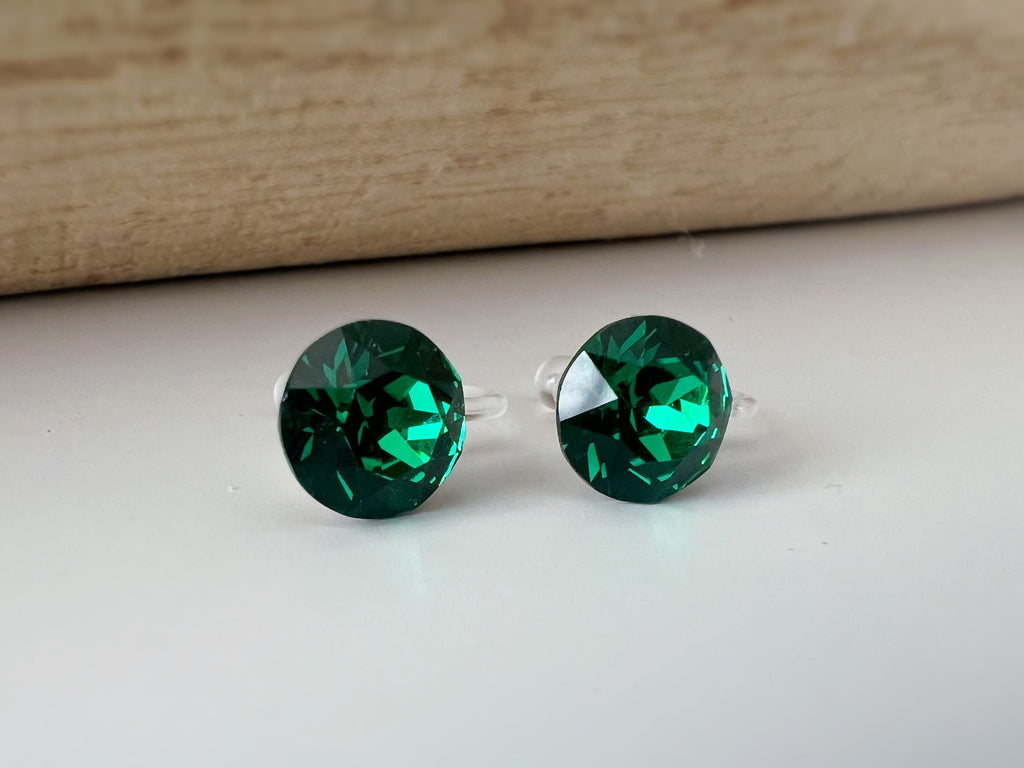 Boucles d'oreilles CLIPS invisible Cristal Rond Vert Majestic Green PureCristal, Clips d'Oreille Petit cristal Vert Minimaliste.