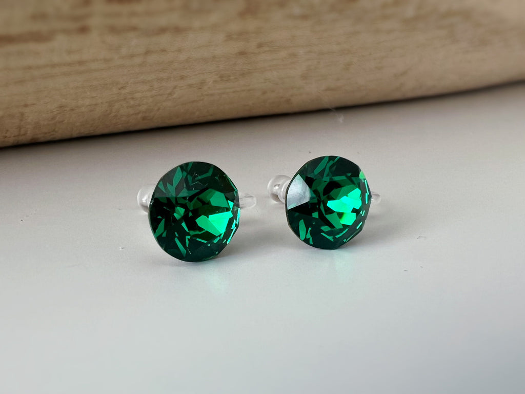 Boucles d'oreilles CLIPS invisible Cristal Rond Vert Majestic Green PureCristal, Clips d'Oreille Petit cristal Vert Minimaliste.
