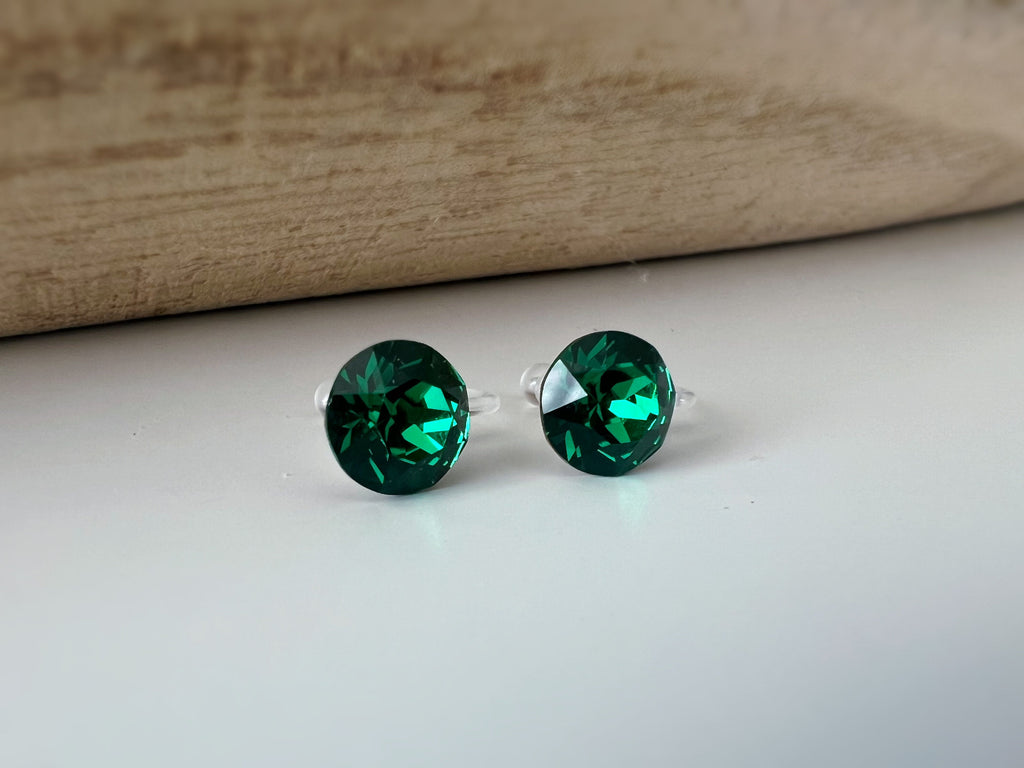 Boucles d'oreilles CLIPS invisible Cristal Rond Vert Majestic Green PureCristal, Clips d'Oreille Petit cristal Vert Minimaliste.