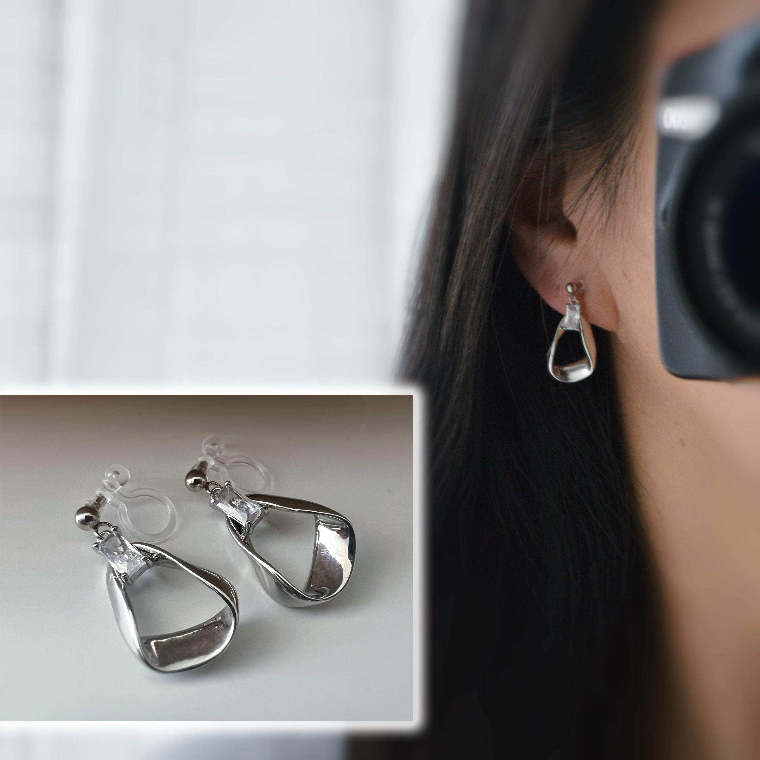 Boucles d'oreilles CLIPS résine invisible zircon rectangle, triangle irrégulier couleur argent. Clips d'oreilles confortable