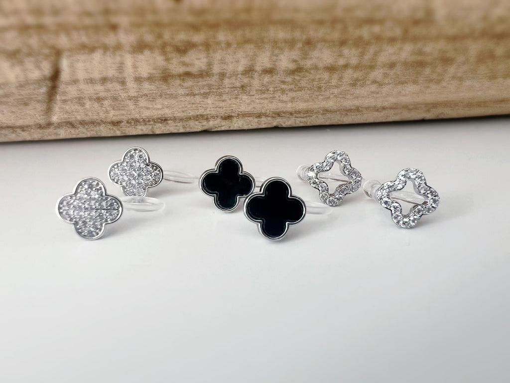 CLIPS d'oreilles invisibles Trèfle à 4 feuilles porte bonheur Noir/ Mini zircon Argent/ Argent creux Boucles d'oreilles confortable délicat