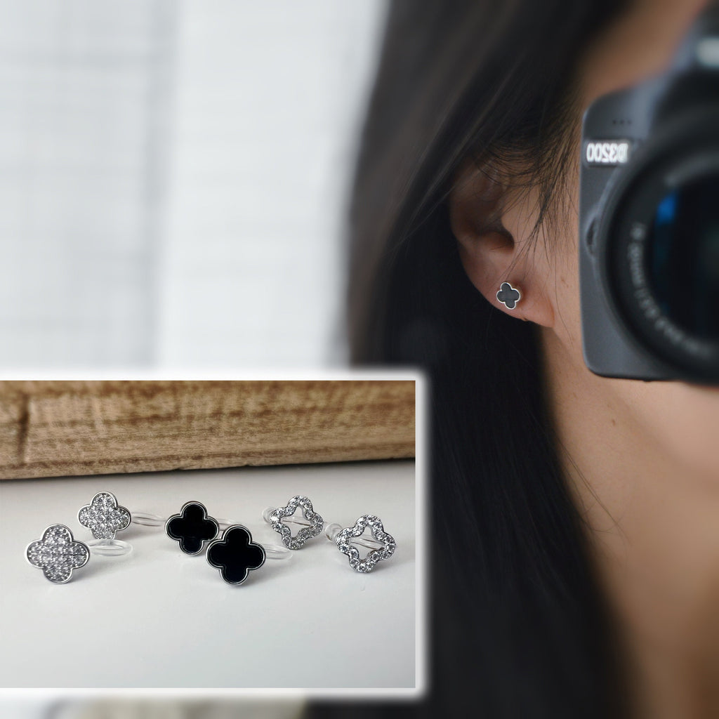 CLIPS d'oreilles invisibles Trèfle à 4 feuilles porte bonheur Noir/ Mini zircon Argent/ Argent creux Boucles d'oreilles confortable délicat