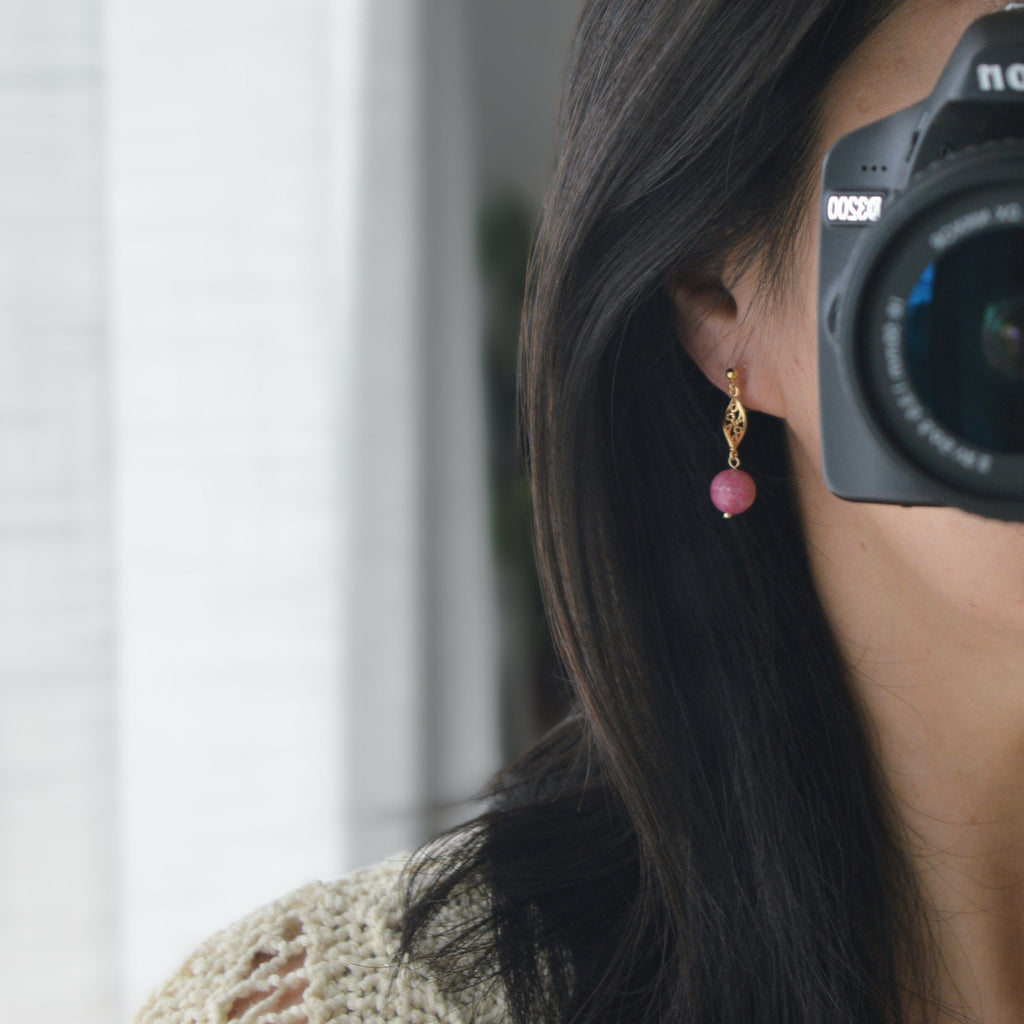 INVISIBLE Clip-on earrings, Gold ear clips Hollow almond-shaped sculpture Dark pink chalcedony bead Daily Ready to offer