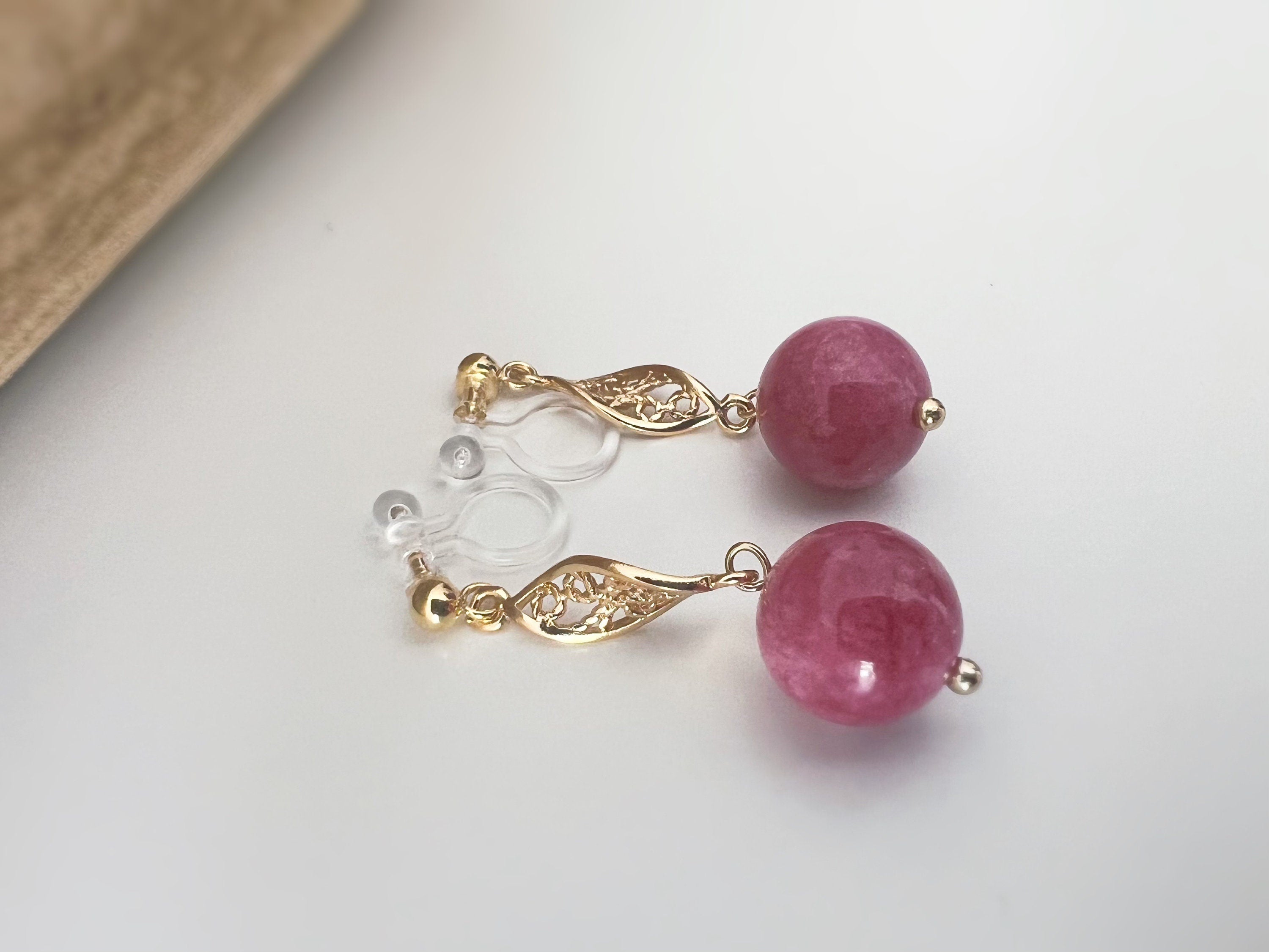 INVISIBLE Clip-on earrings, Gold ear clips Hollow almond-shaped sculpture Dark pink chalcedony bead Daily Ready to offer