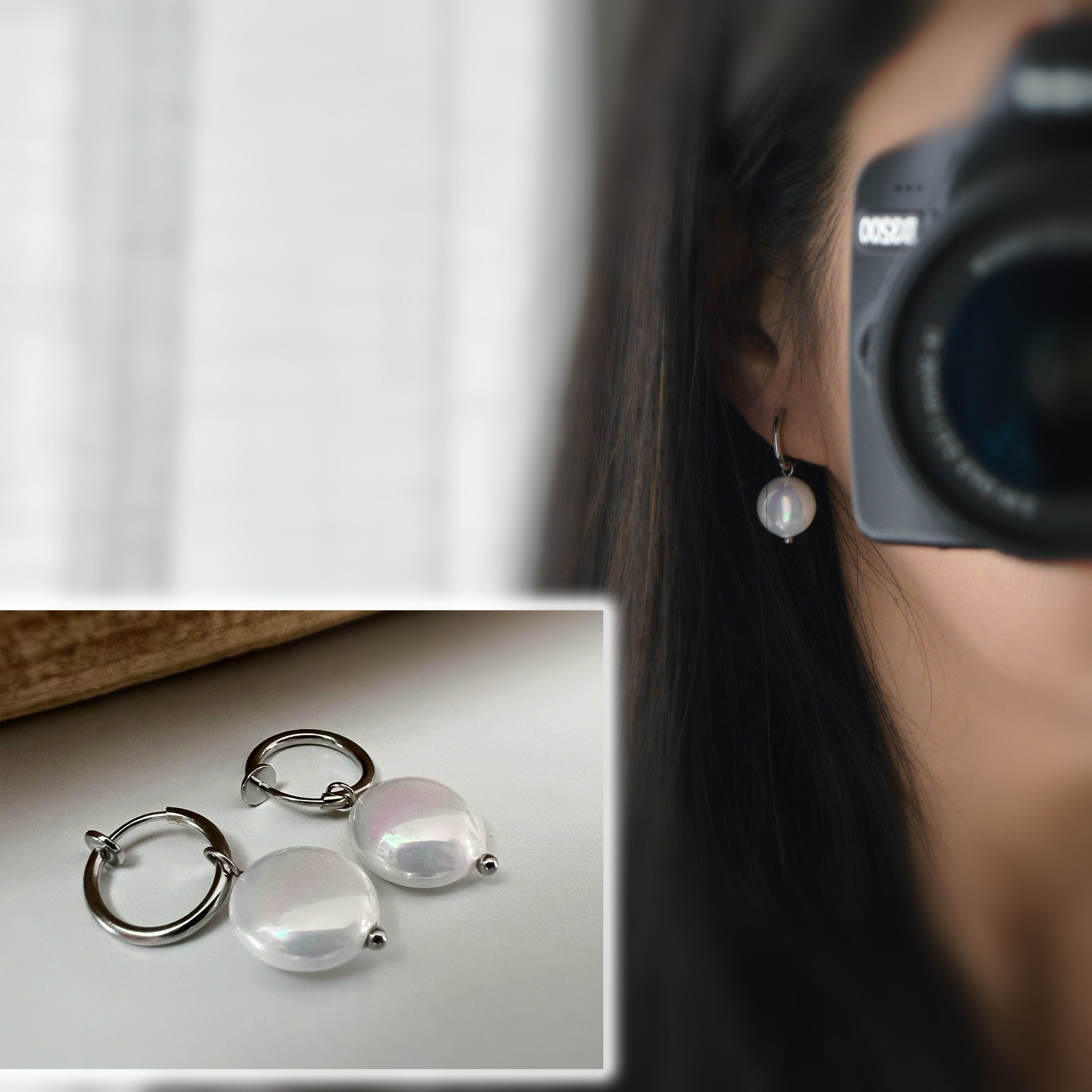 Clips d'oreille 2-EN-1 CLIPS anneaux couleur Argent. Perle coquillage Blanc rond. Bijoux quotidien Anneaux 1.3cm