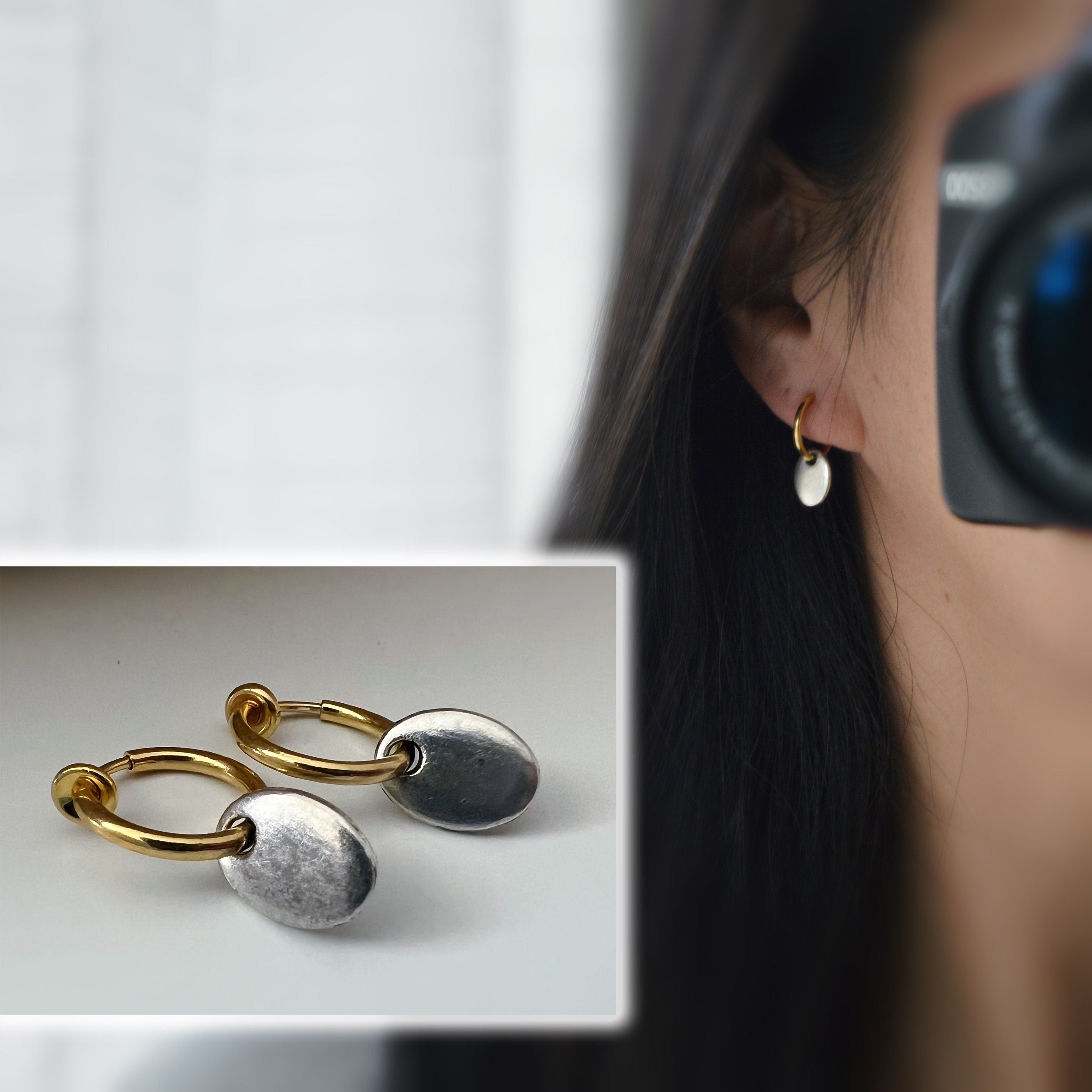 Clips d'oreille 2-EN-1 CLIPS anneaux couleur Or. Pendentif ovale argenté. Bijoux quotidien Anneaux 1.3cm