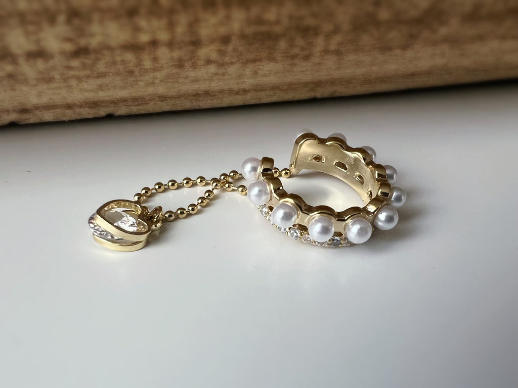 Bague d'oreilles boucles d'oreilles créole anneau mini perles blanches zircon, petit coeur zircon Clips d'oreilles plaqué d'Or chaîne.