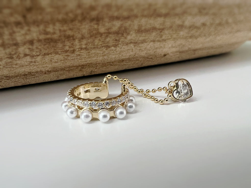 Bague d'oreilles boucles d'oreilles créole anneau mini perles blanches zircon, petit coeur zircon Clips d'oreilles plaqué d'Or chaîne.