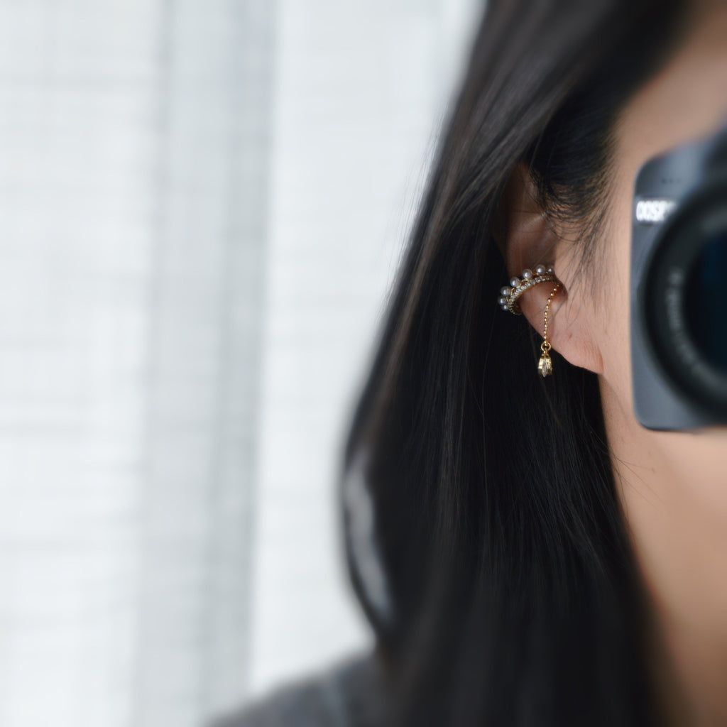 Bague d'oreilles boucles d'oreilles créole anneau mini perles blanches zircon, petit coeur zircon Clips d'oreilles plaqué d'Or chaîne.