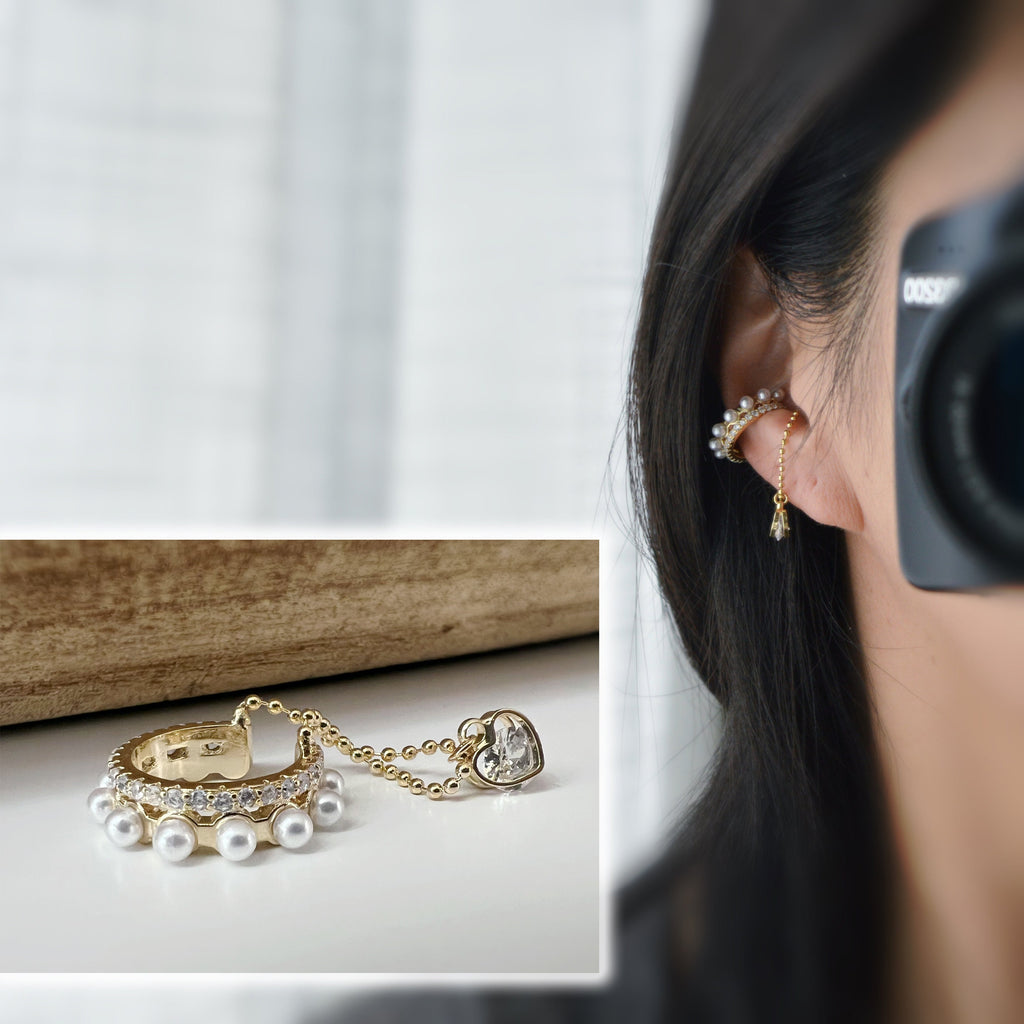 Bague d'oreilles boucles d'oreilles créole anneau mini perles blanches zircon, petit coeur zircon Clips d'oreilles plaqué d'Or chaîne.