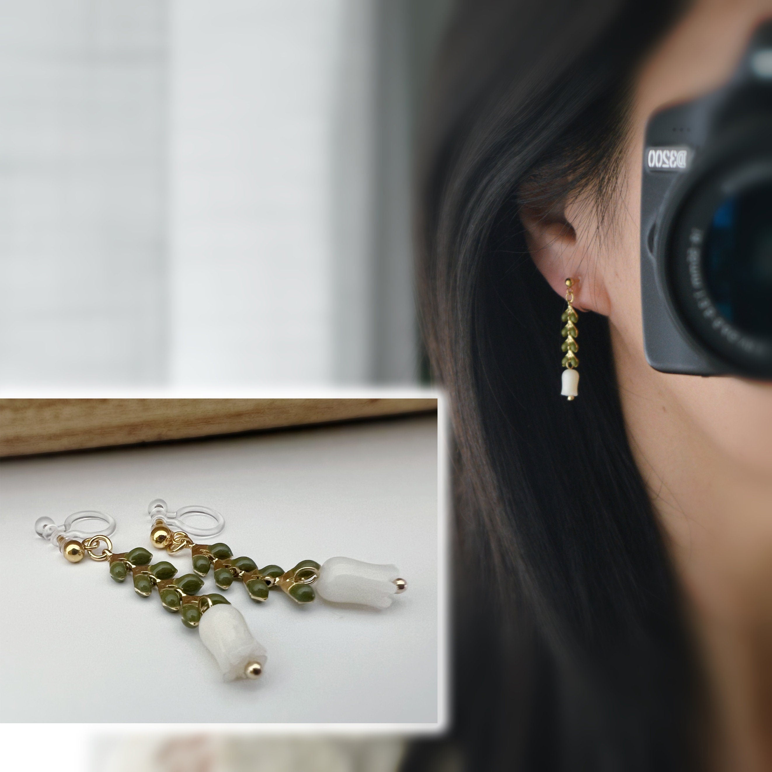 Boucles d'oreilles pendantes CLIPS INVISIBLES or, Chaîne feuilles vert kaki, Perle de coquillage Fleur Rose / Blanche, bijoux quotidien.