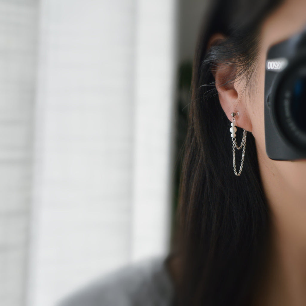 INVISIBLE CLIPS earrings, Small white pearls Double Chain Silver Color Ear clips non pierced ears tassel CLIPS.