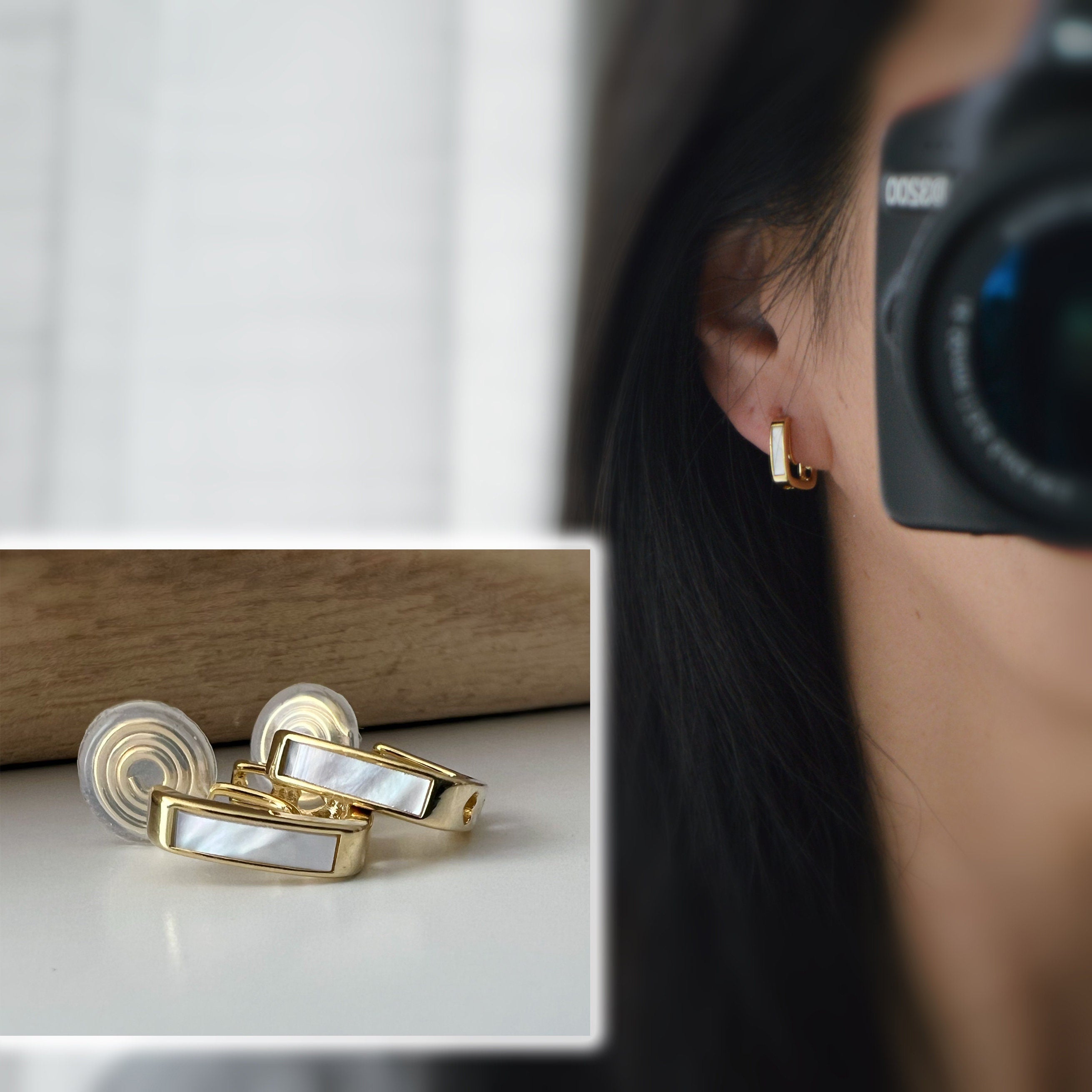 SANS DOULEUR ! Boucles d'oreilles CLIPS U spirale Or Petit carré en nacre blanc petit Coeur creux. Clips d'oreilles confortable Délicates