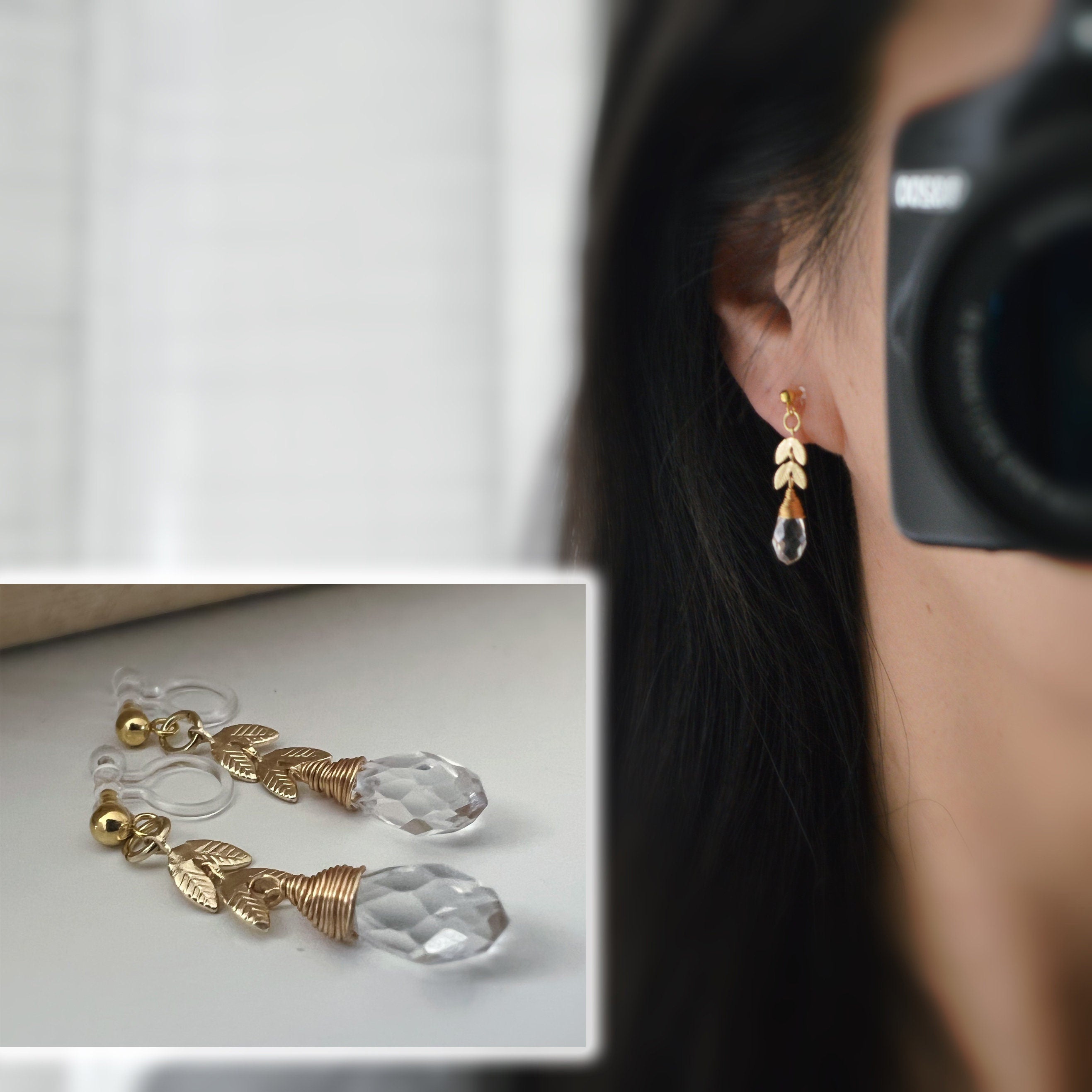 Gold leaf chain dangling ear clips with transparent faceted pearl in the shape of a drop of water Comfortable invisible clips.