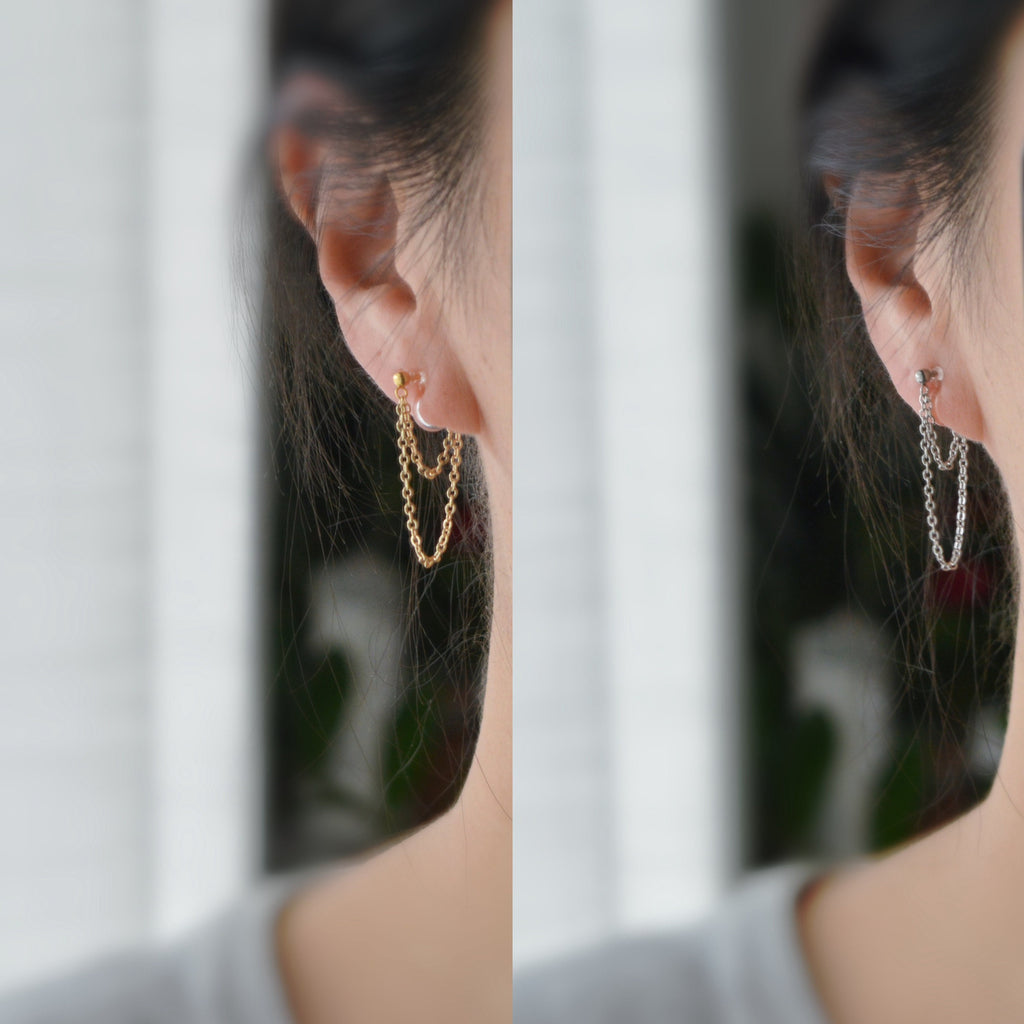 Boucles d'oreilles CLIPS INVISIBLE, Double Chaîne, Couleur Argent / Or, Clips d'oreilles pour oreilles non percées, tassel CLIPS.