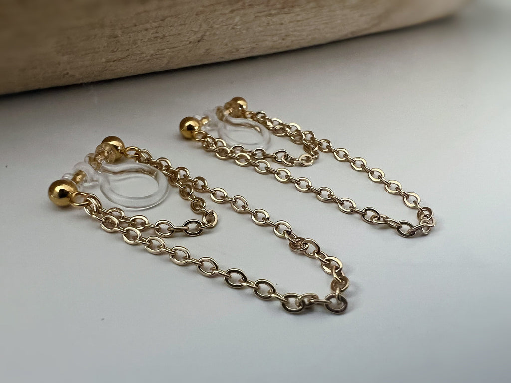 Boucles d'oreilles CLIPS INVISIBLE, Double Chaîne, Couleur Argent / Or, Clips d'oreilles pour oreilles non percées, tassel CLIPS.