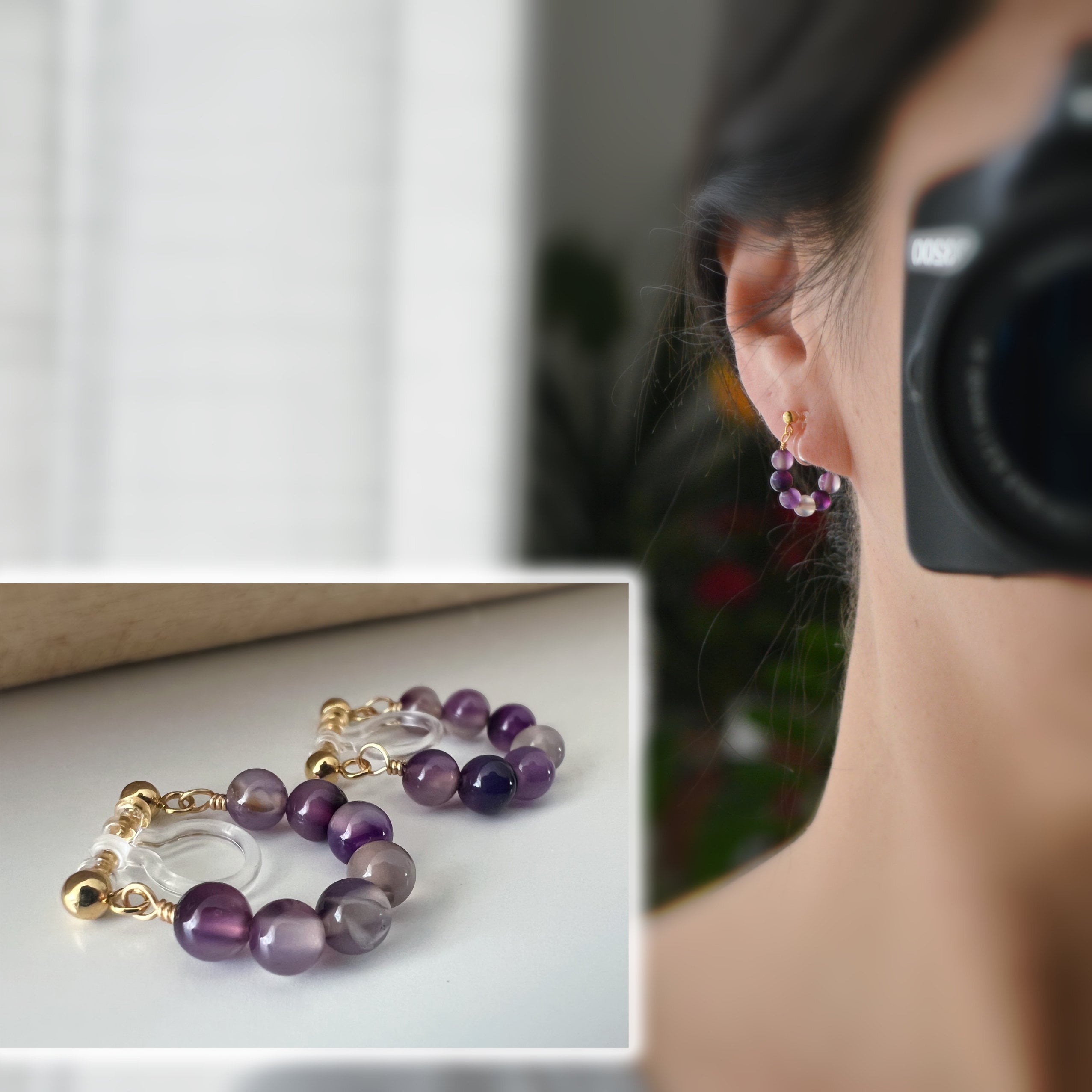 Boucles d'oreilles CLIPS INVISIBLE or pendantes, Petites perles violet perle améthyste, , Clips d'oreilles confortable perle créole.