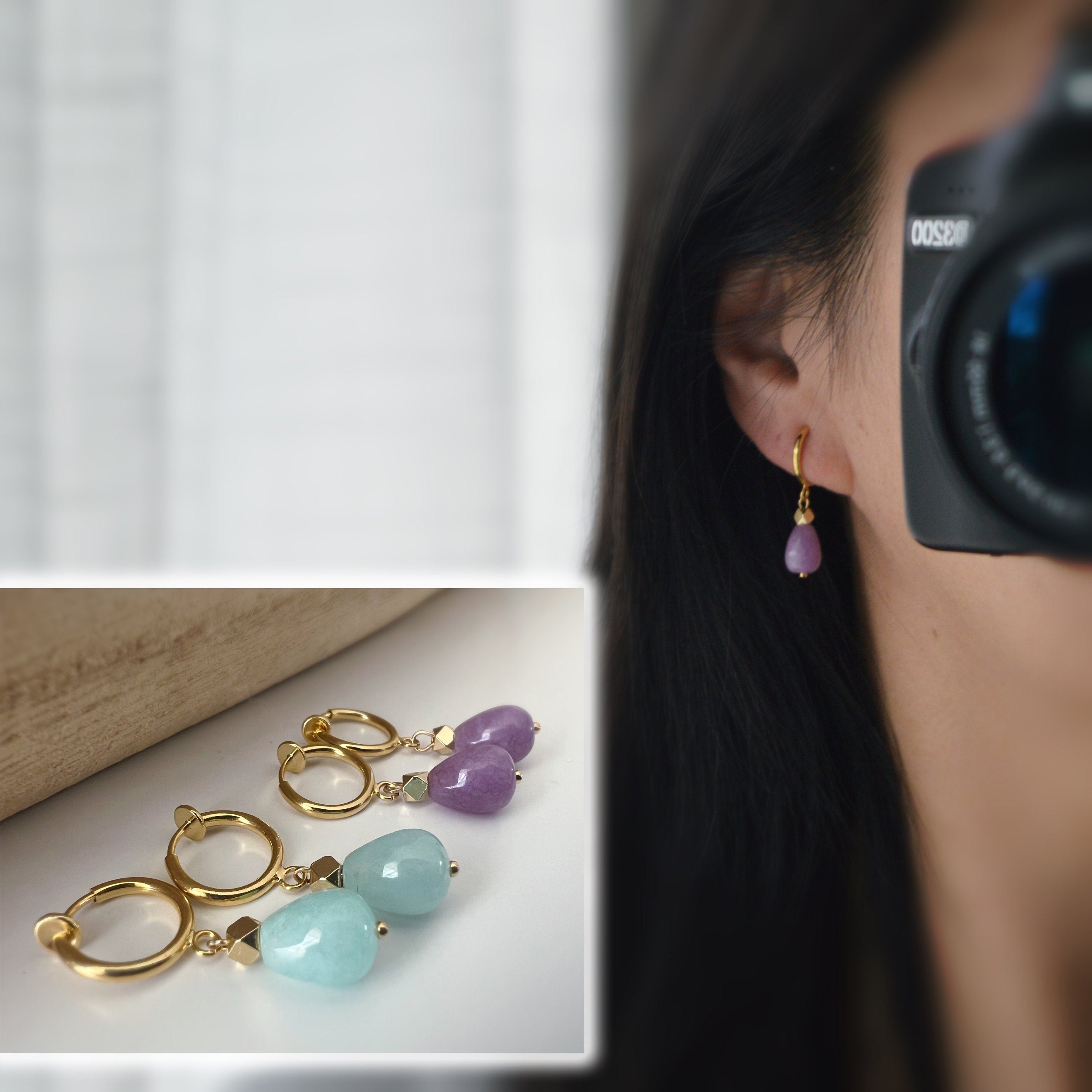 Clips d'oreille CLIPS pendants anneaux Créoles doré avec Perle goutte d'eau Bleu claire/ Violet calcédoine. Bijoux quotidien Anneaux 1.3cm