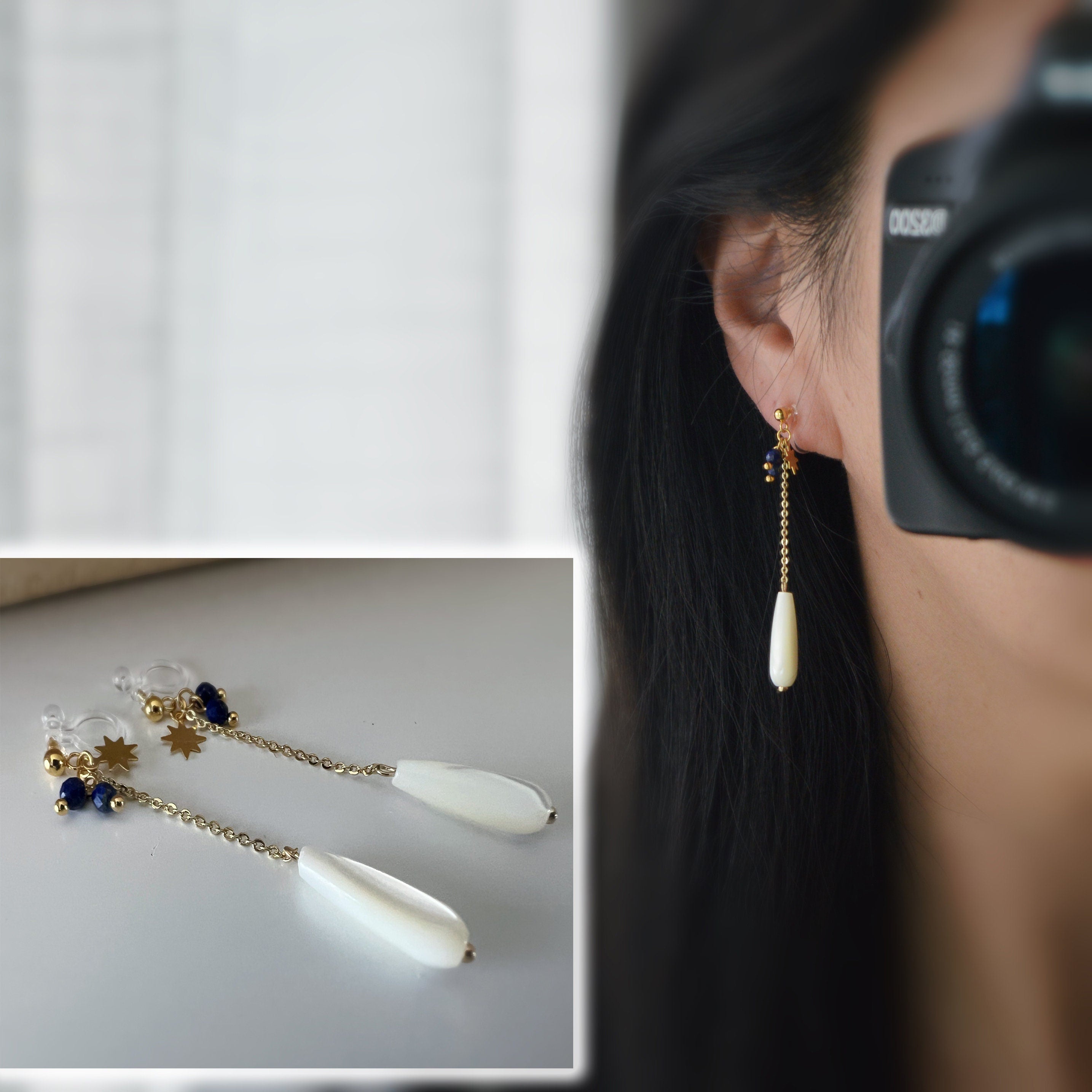 Longues Boucles d'oreilles Clips résine INVISIBLES, Perle Goutte d'eau Nacre blanche Mini perle facettes lapis-lazuli naturel, étoile or.