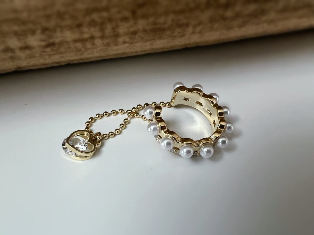 Bague d'oreilles boucles d'oreilles créole anneau mini perles blanches zircon, petit coeur zircon Clips d'oreilles plaqué d'Or chaîne.