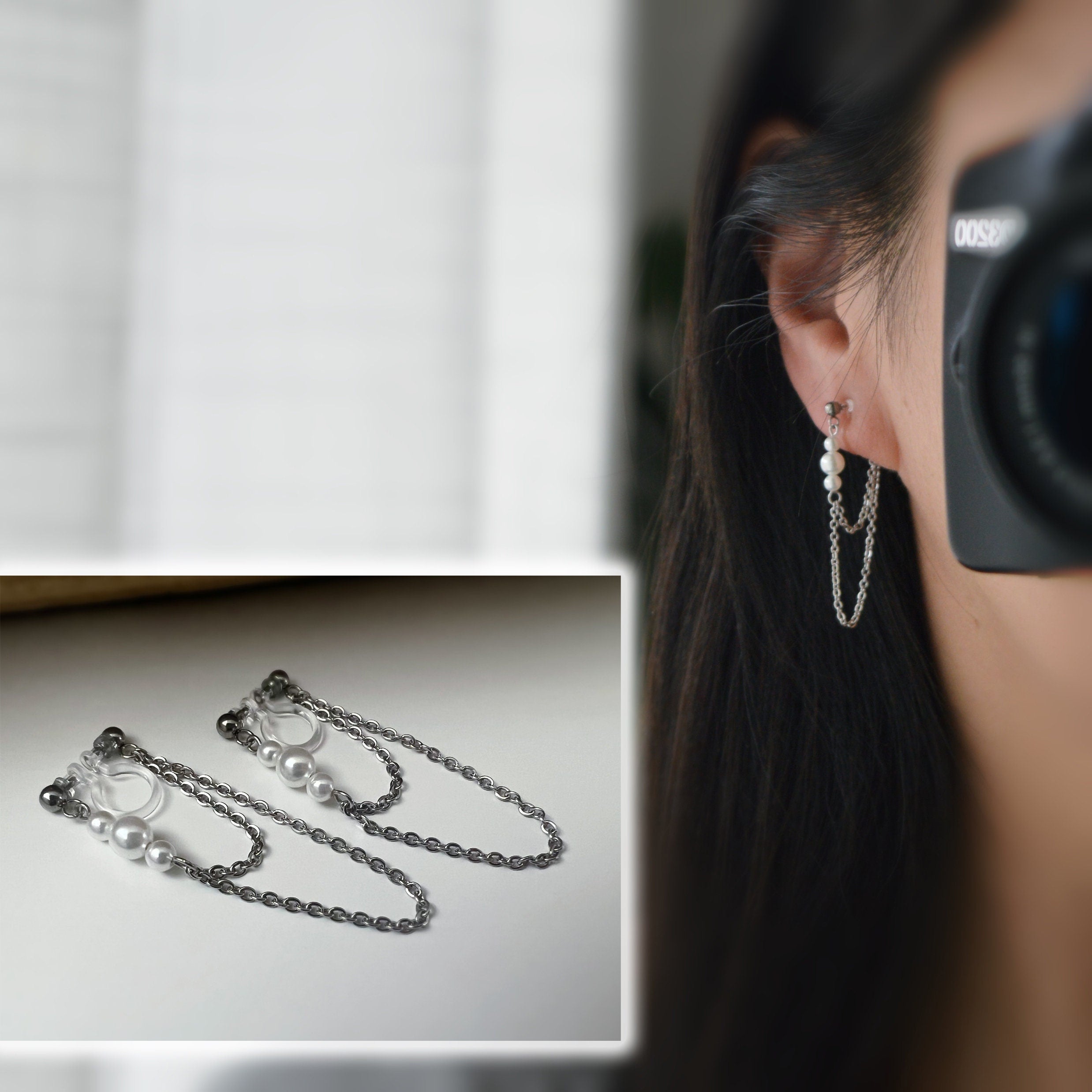 INVISIBLE CLIPS earrings, Small white pearls Double Chain Silver Color Ear clips non pierced ears tassel CLIPS.