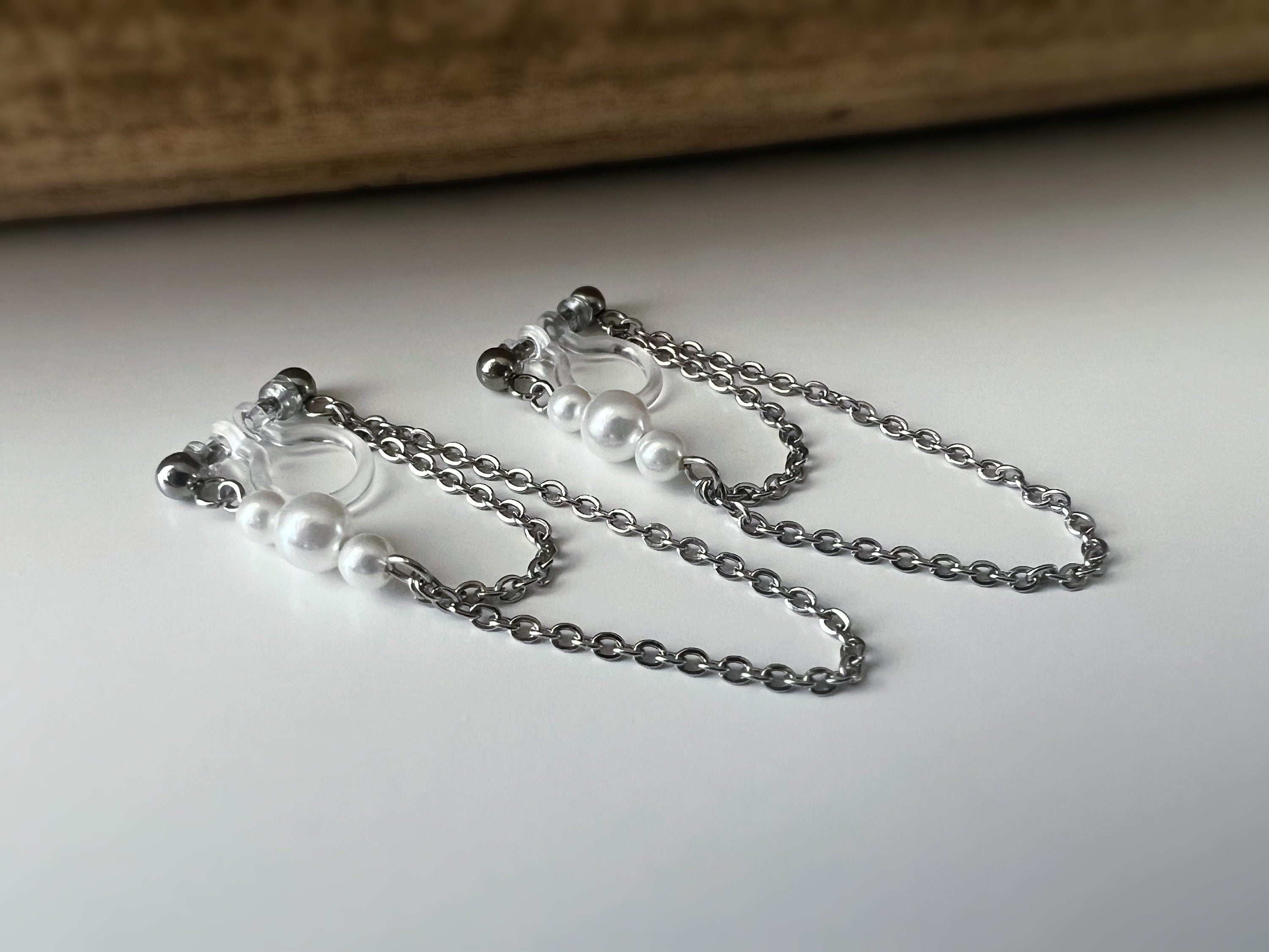 INVISIBLE CLIPS earrings, Small white pearls Double Chain Silver Color Ear clips non pierced ears tassel CLIPS.