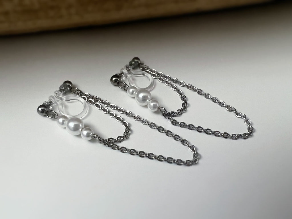 INVISIBLE CLIPS earrings, Small white pearls Double Chain Silver Color Ear clips non pierced ears tassel CLIPS.