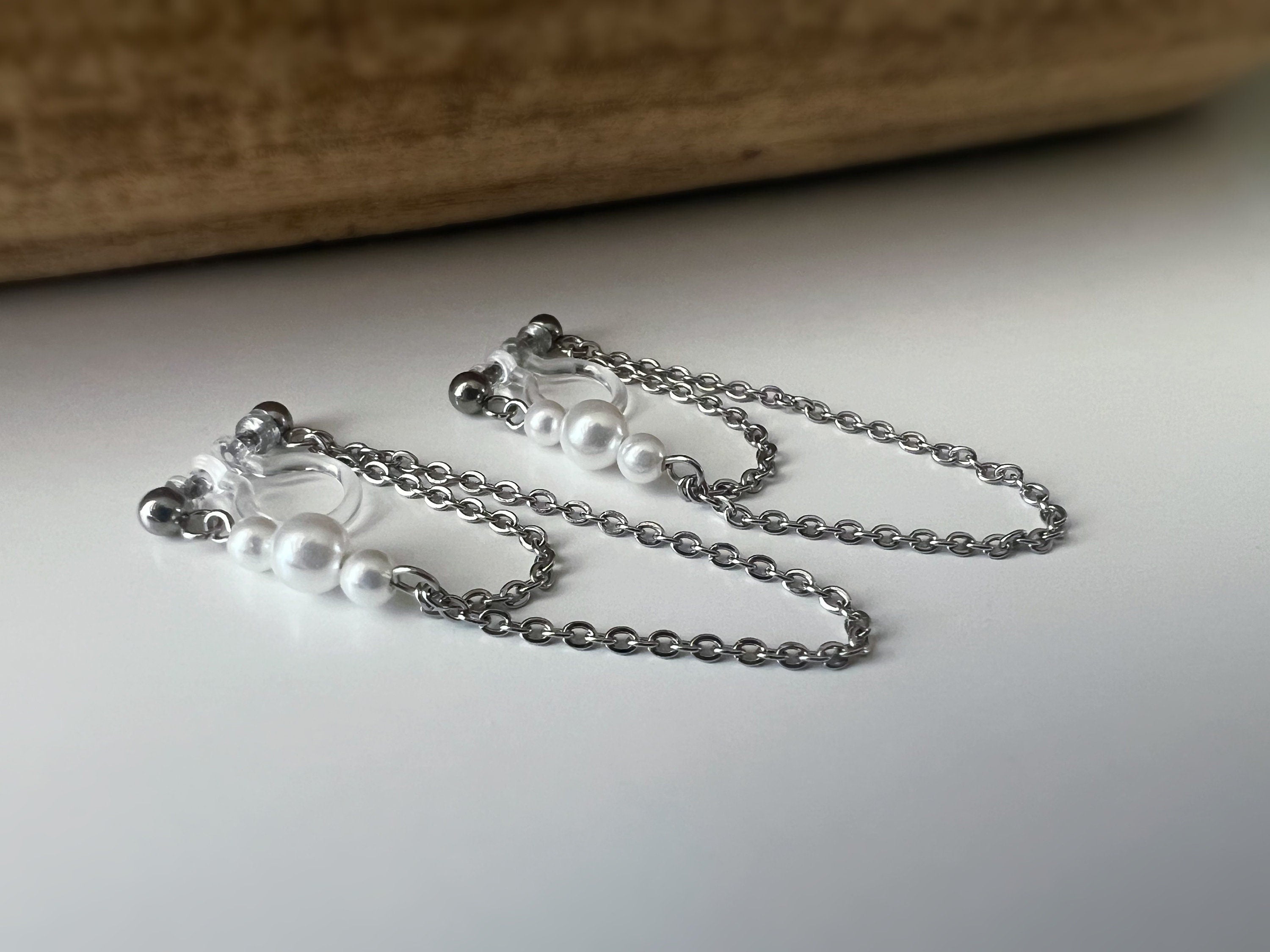 INVISIBLE CLIPS earrings, Small white pearls Double Chain Silver Color Ear clips non pierced ears tassel CLIPS.