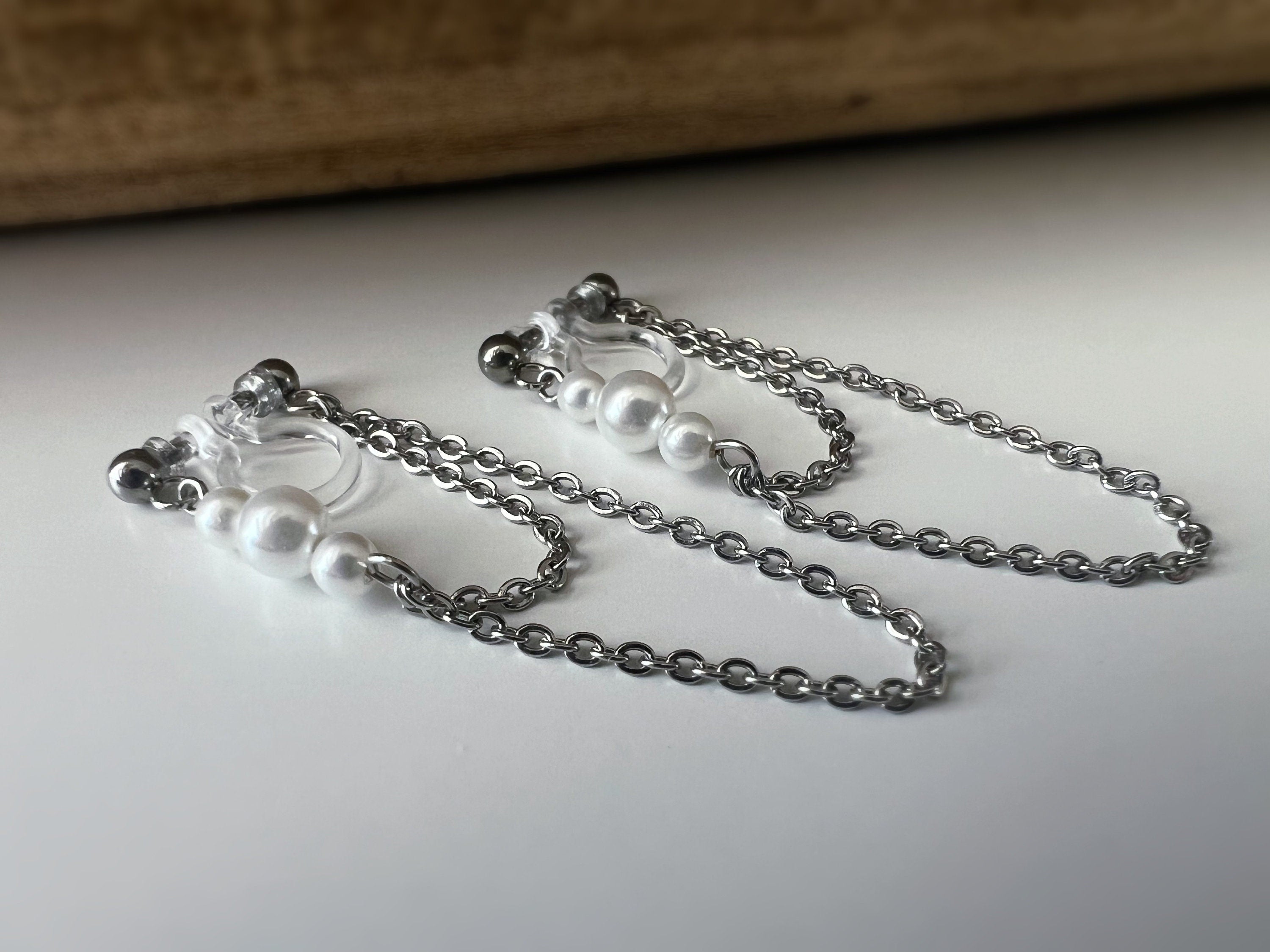 INVISIBLE CLIPS earrings, Small white pearls Double Chain Silver Color Ear clips non pierced ears tassel CLIPS.