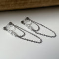 INVISIBLE CLIPS earrings, Small white pearls Double Chain Silver Color Ear clips non pierced ears tassel CLIPS.