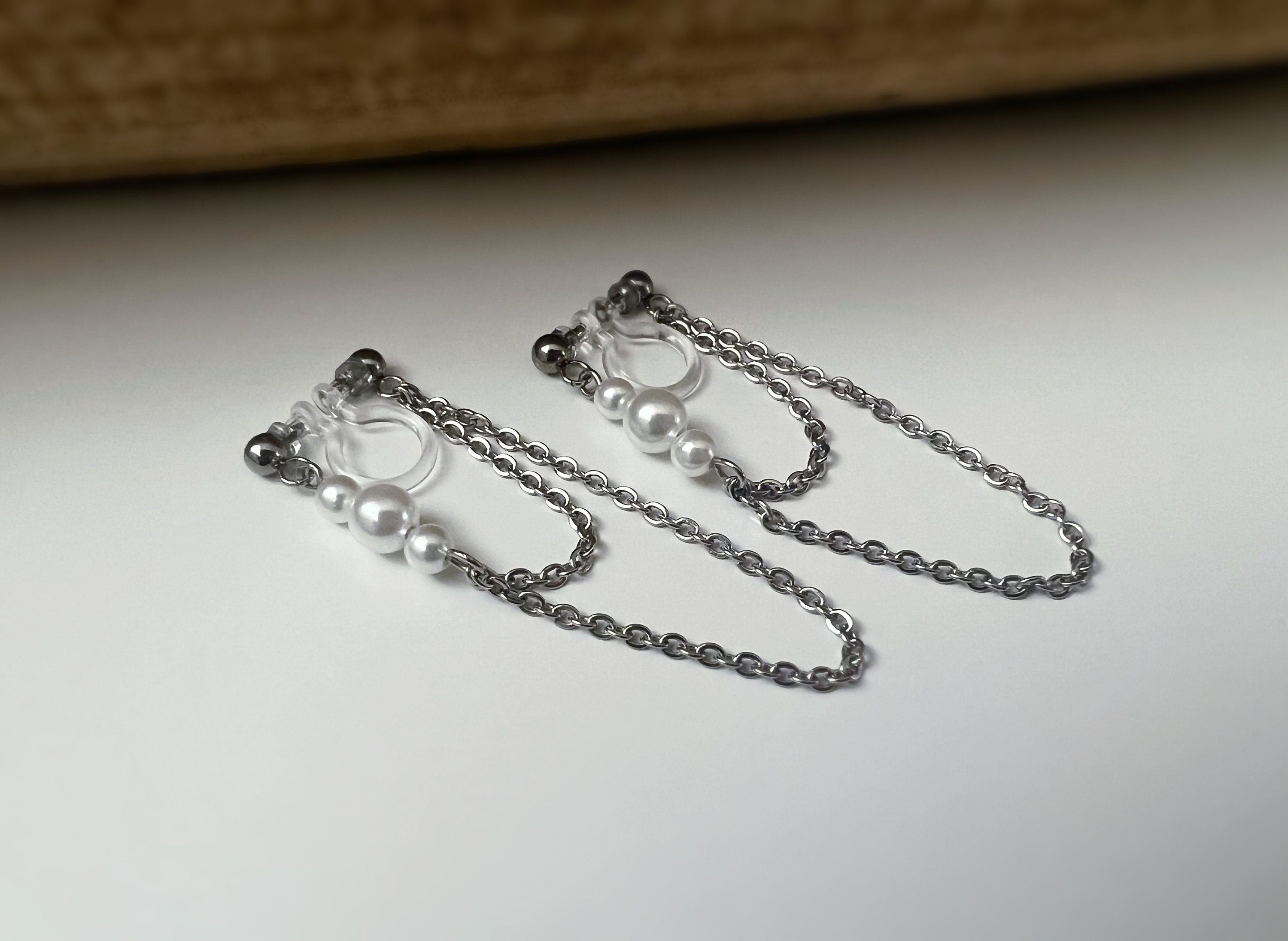 INVISIBLE CLIPS earrings, Small white pearls Double Chain Silver Color Ear clips non pierced ears tassel CLIPS.