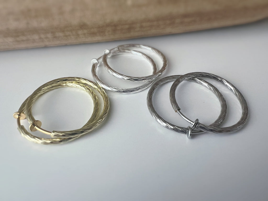 40mm Créoles Anneaux, Boucles d'oreille CLIPS Anneaux Créoles couleur Or/ Argent/ Acier, Clips d'oreilles, Diamètre du fil 3mm, Créoles 4cm