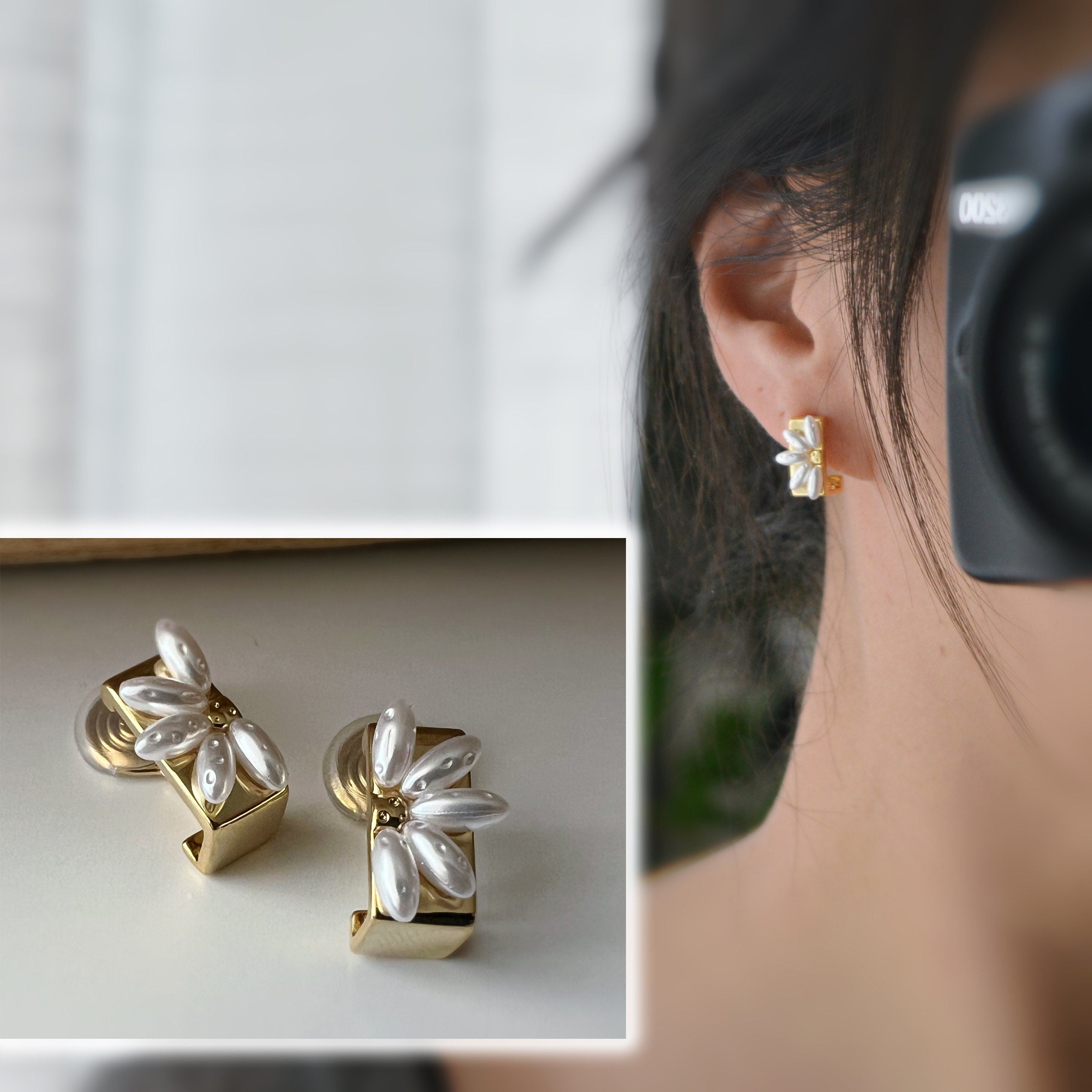 SANS DOULEUR ! Boucles d'oreilles CLIPS U spirale Rectangle or Fleur blanche. Clips d'oreilles confortable Boucles Délicates
