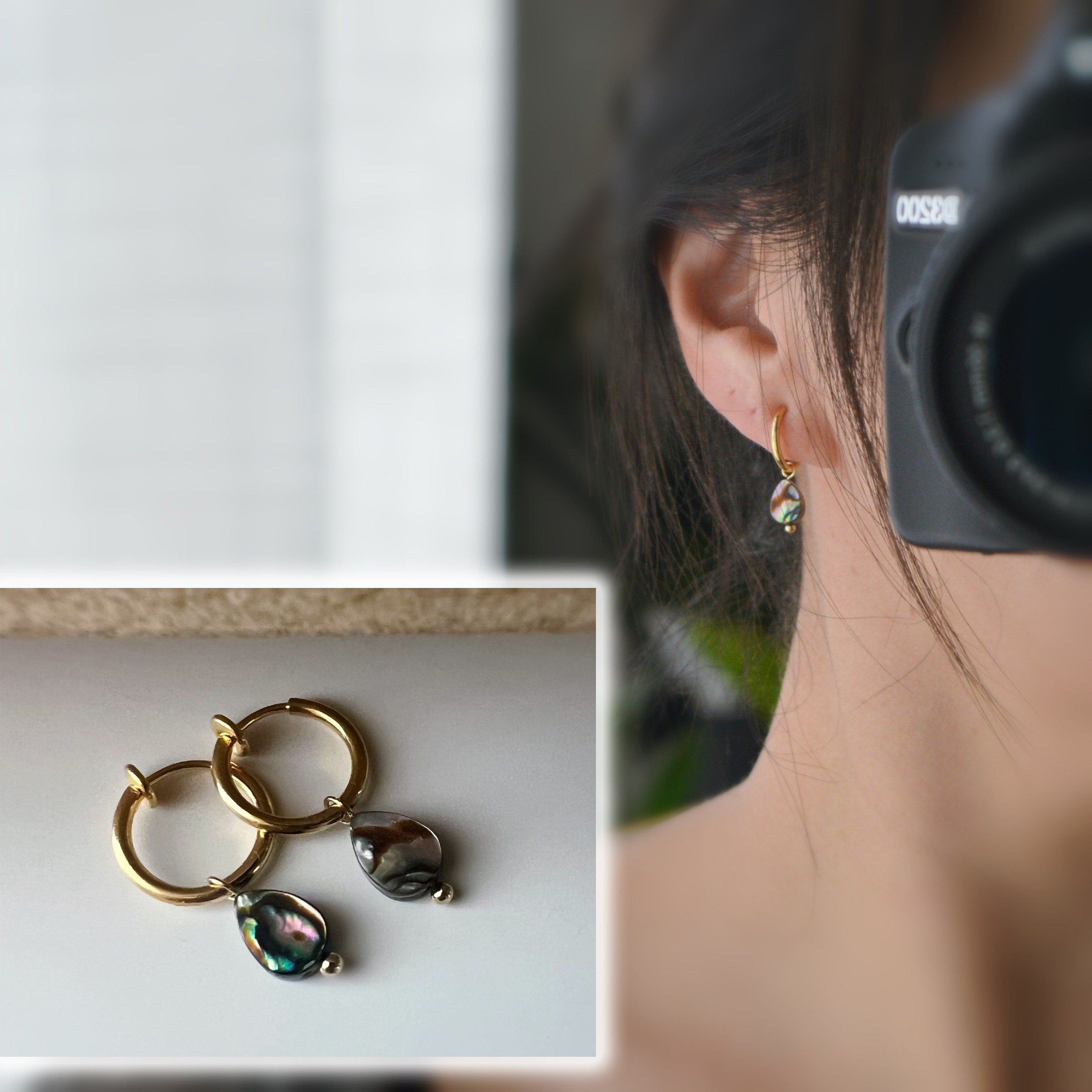 Clips d'oreille 2-EN-1 CLIPS anneaux doré. Perle coquillage d'ormeau naturelle forme Rond / Oval. Bijoux quotidien Anneaux 1.3cm