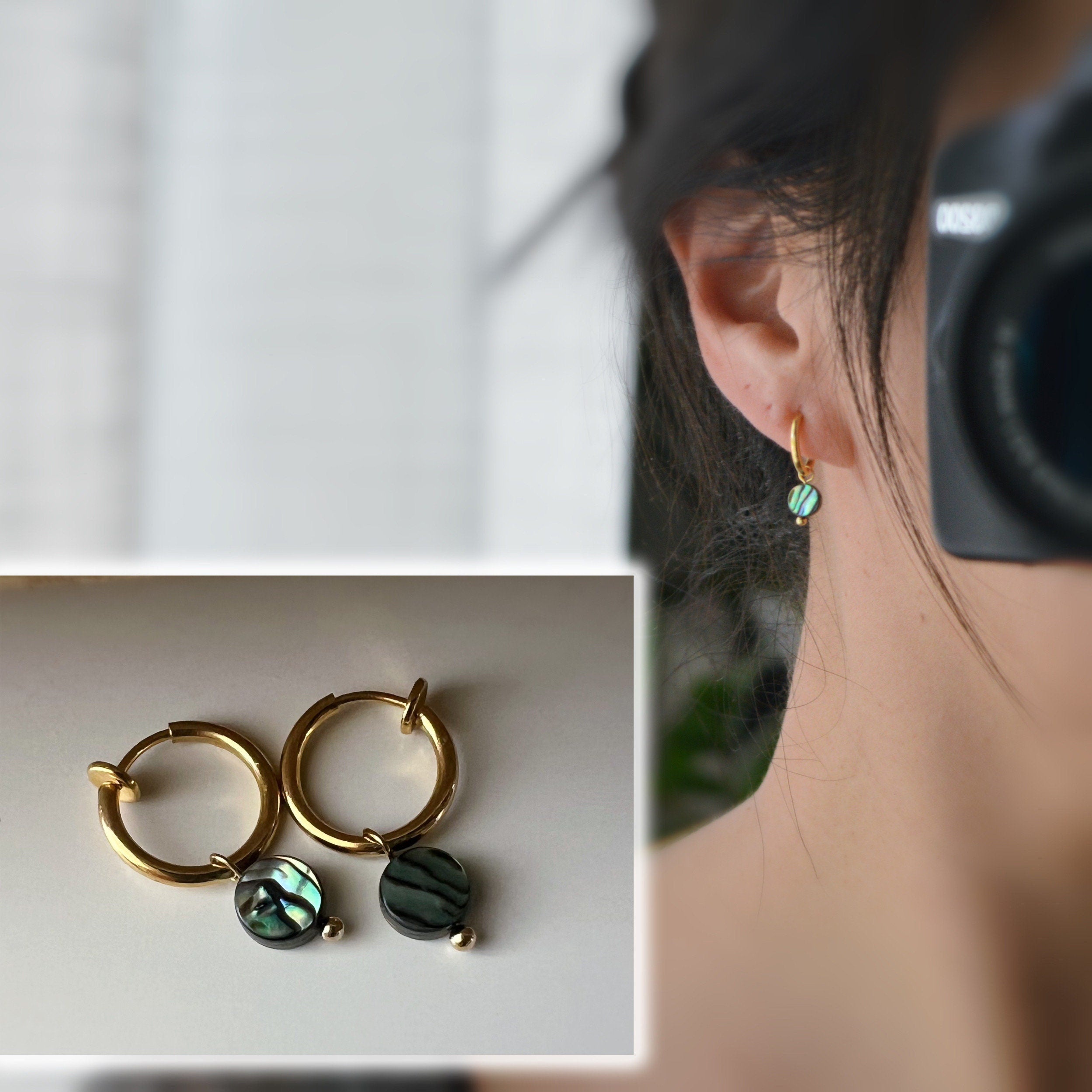 Clips d'oreille 2-EN-1 CLIPS anneaux doré. Perle coquillage d'ormeau naturelle forme Rond / Oval. Bijoux quotidien Anneaux 1.3cm